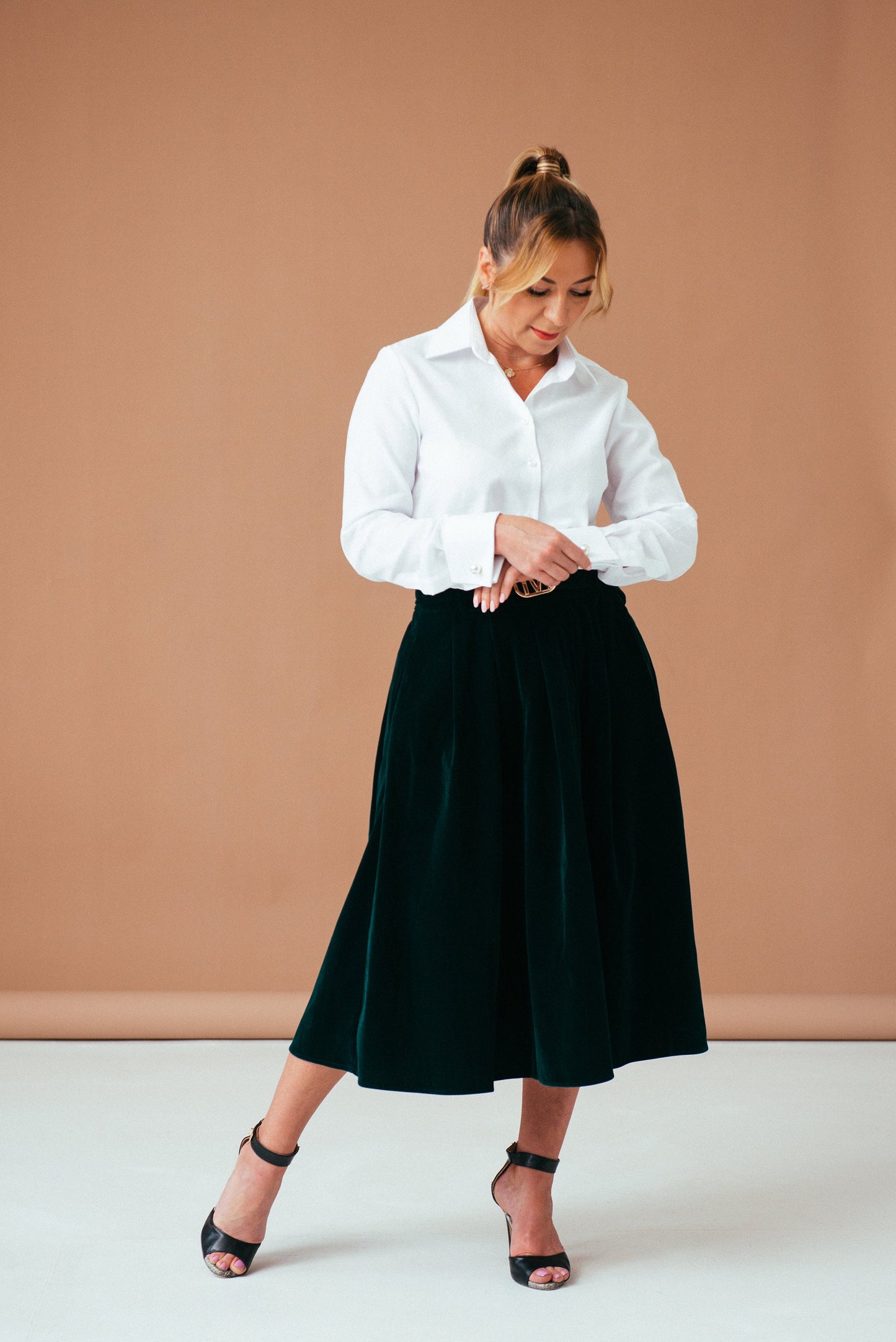 Elegant White Blouse with French Cuffs | Classic Women's Button-Down Shirt, Long Sleeve Paisley Top