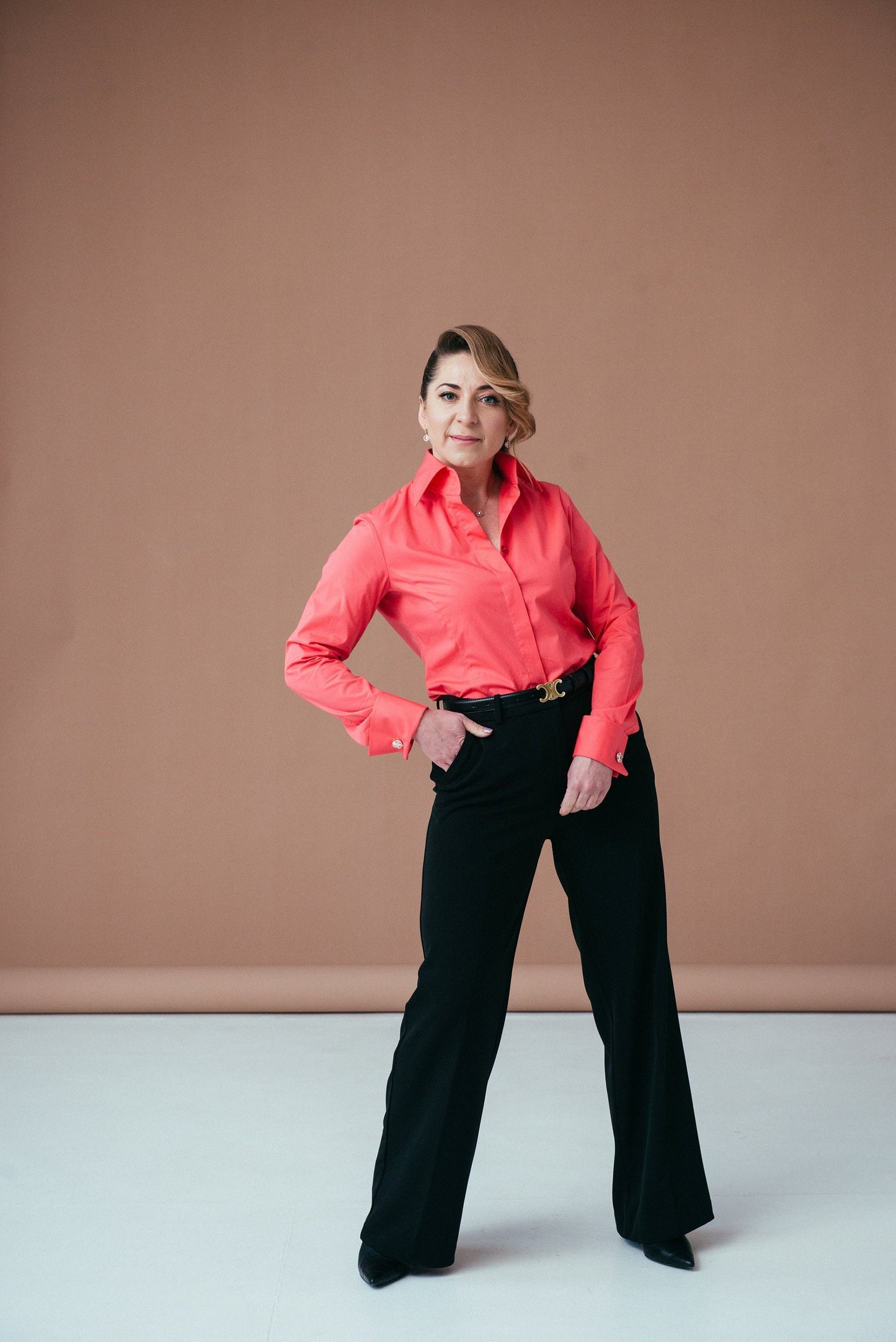 Coral Red French Cuff Blouse: Stretch Cotton High Collar Shirt for Women