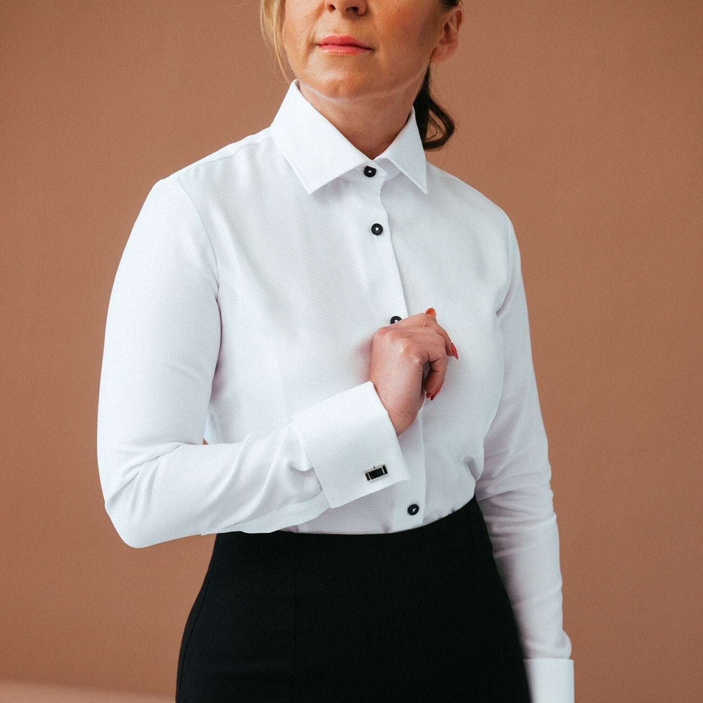 White French Cuff Blouse: Cotton Dress Shirt with Black Buttons