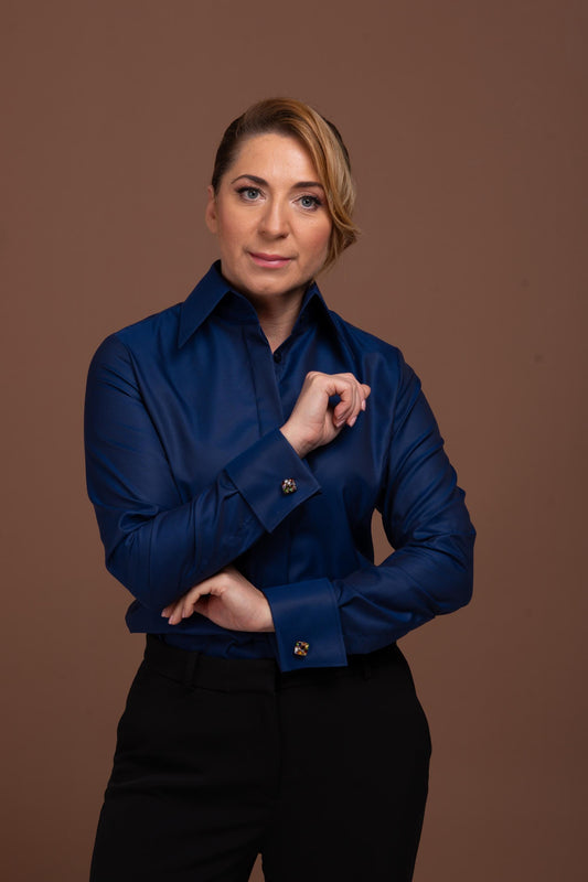 Navy Blue French Cuff Shirt: Fitted Easy Care Cotton Blouse