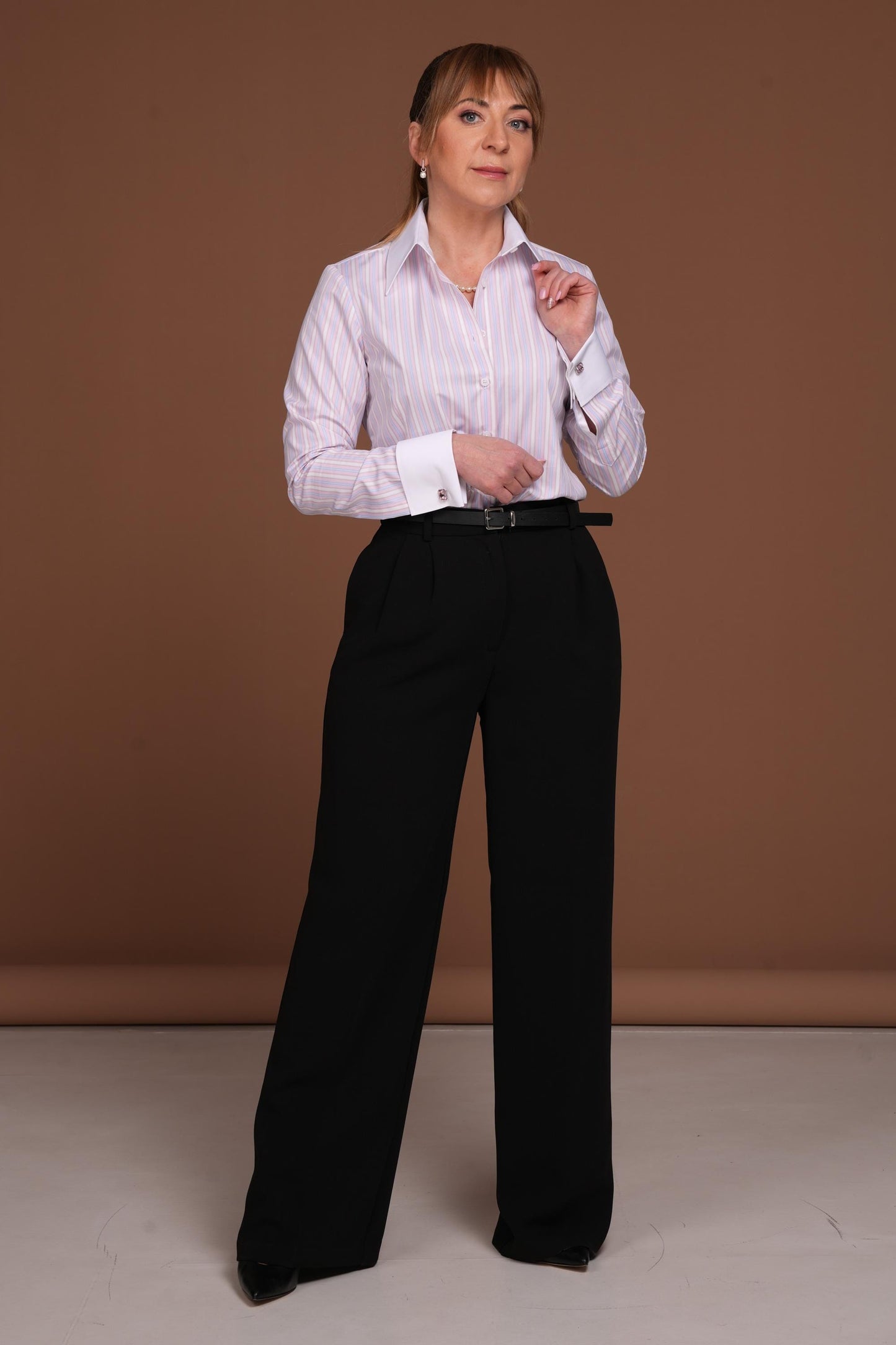Handmade Fitted Cotton French Cuff Shirt: Pink & Blue Stripe