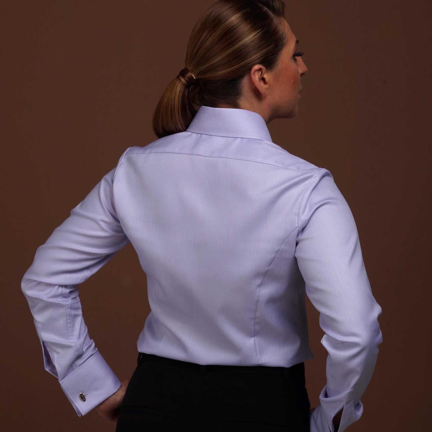 Purple Herringbone Shirt: 100% Cotton French Cuff Blouse