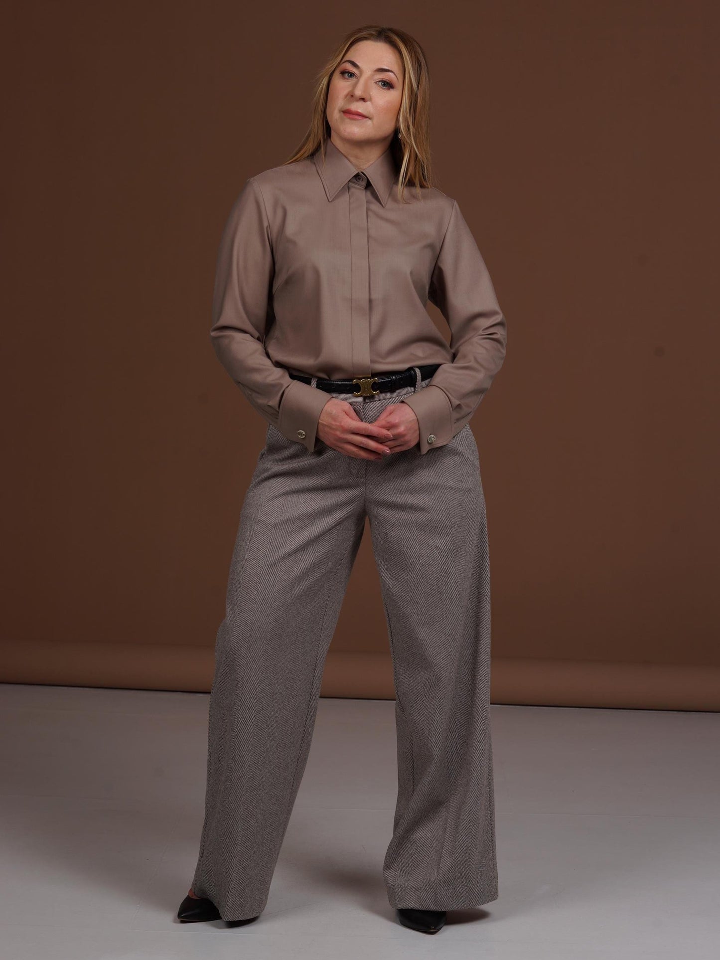 Luxury Merino Wool Shirt: Mocha Brown French Cuff Blouse