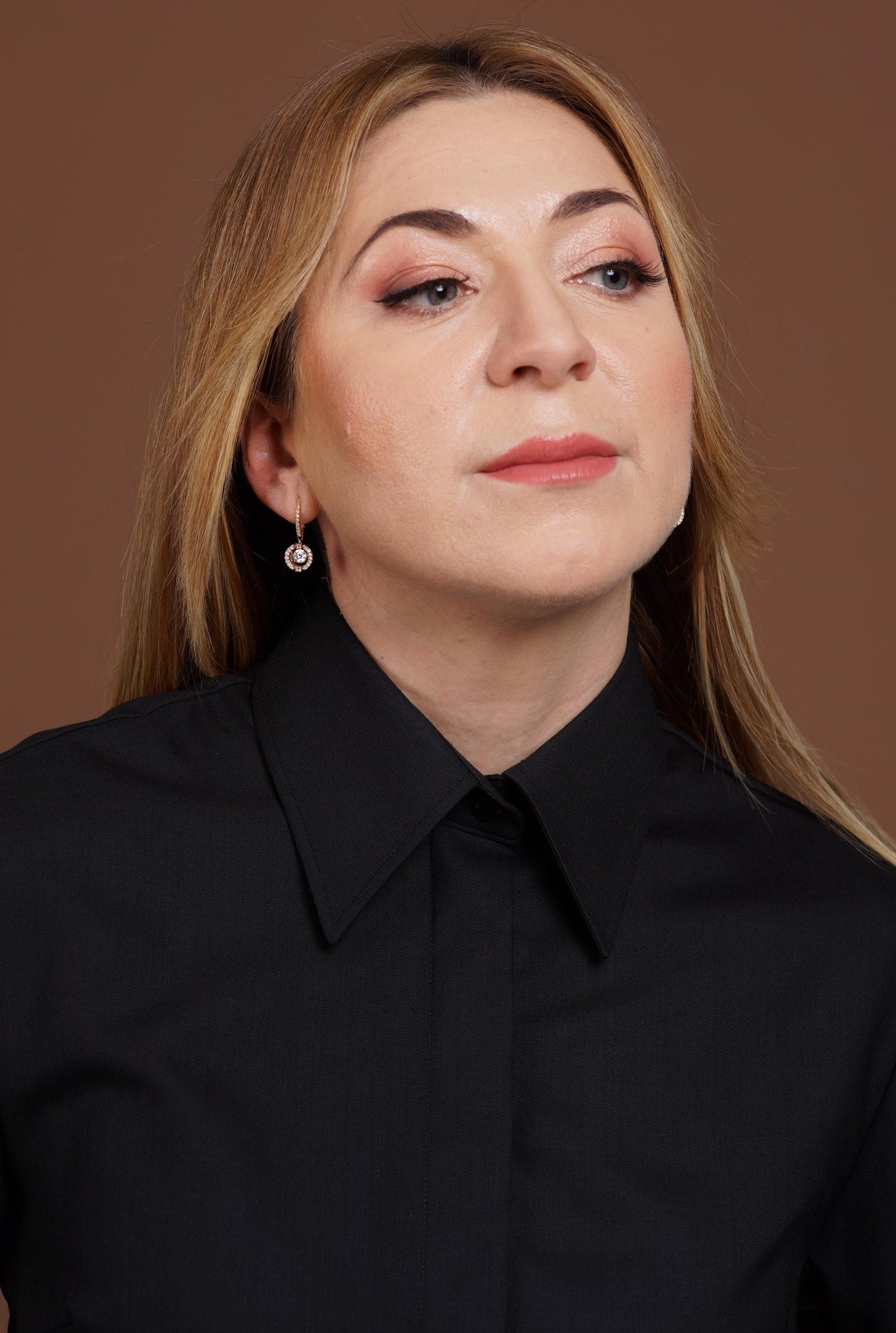 Merino Wool French Cuff Blouse: Elegant Black Button-Up Office Shirt