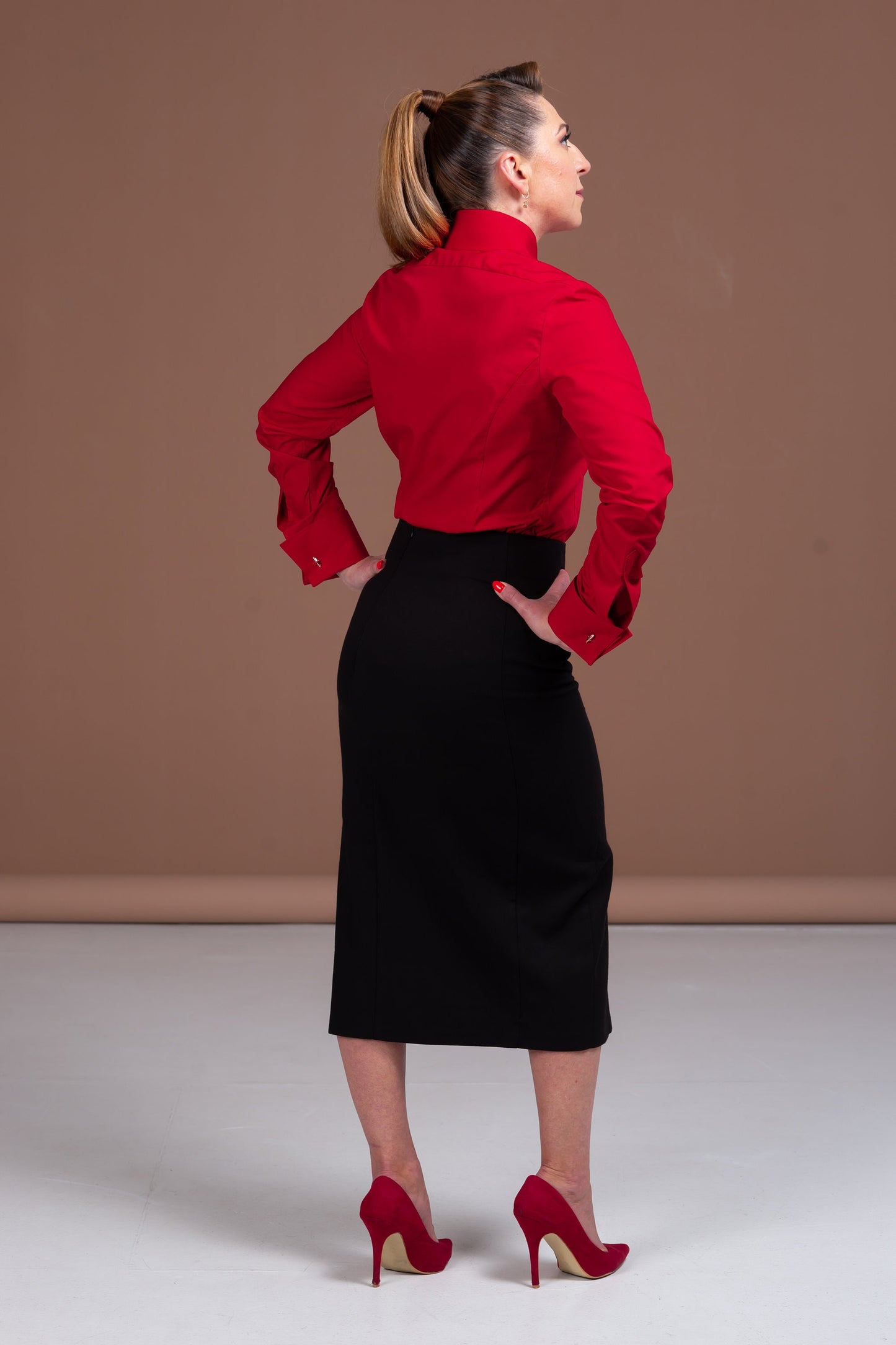 Red Cotton French Cuff Blouse: High Collar Button-Down Shirt
