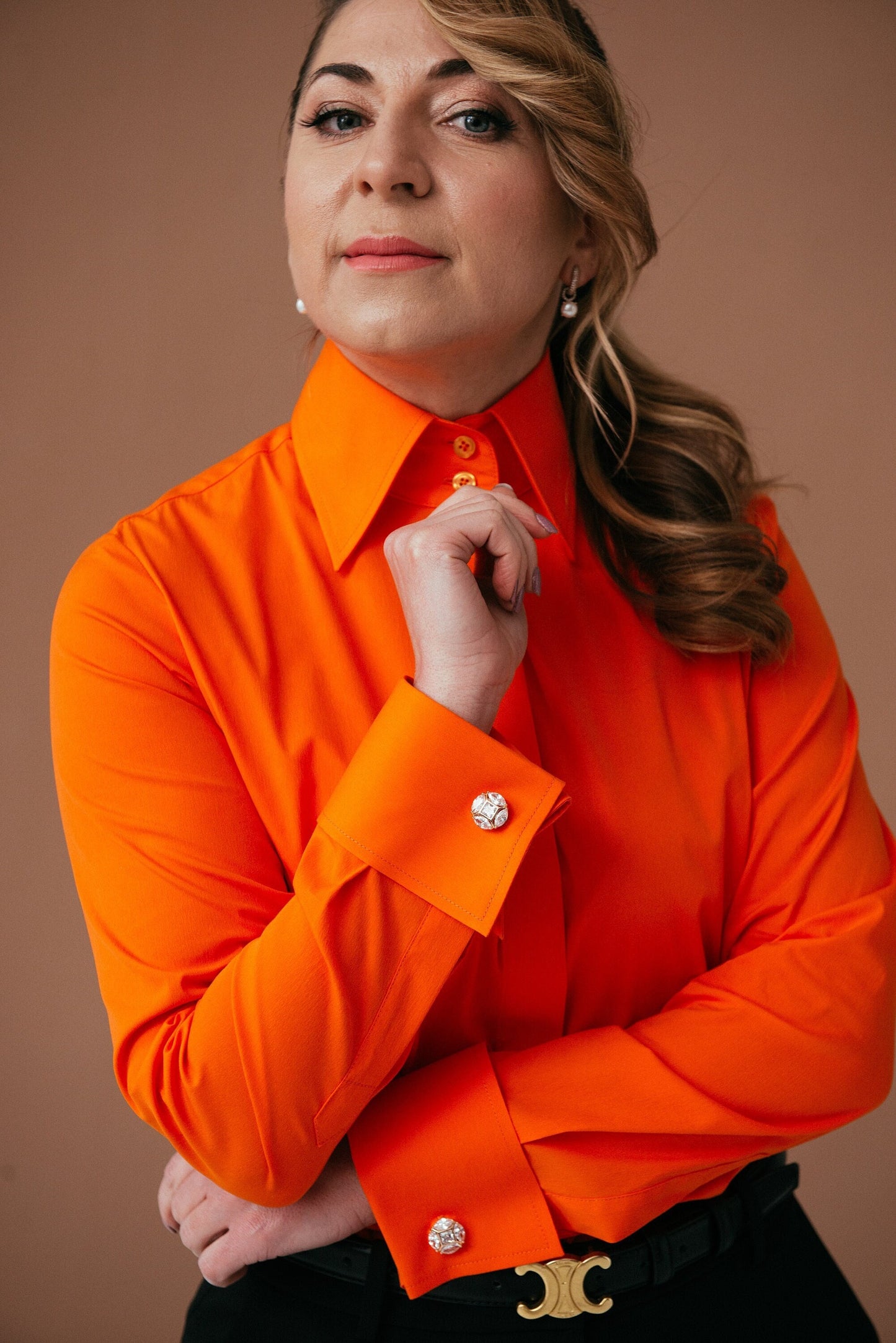 Orange French Cuff Blouse: Stretch Cotton High Collar Shirt