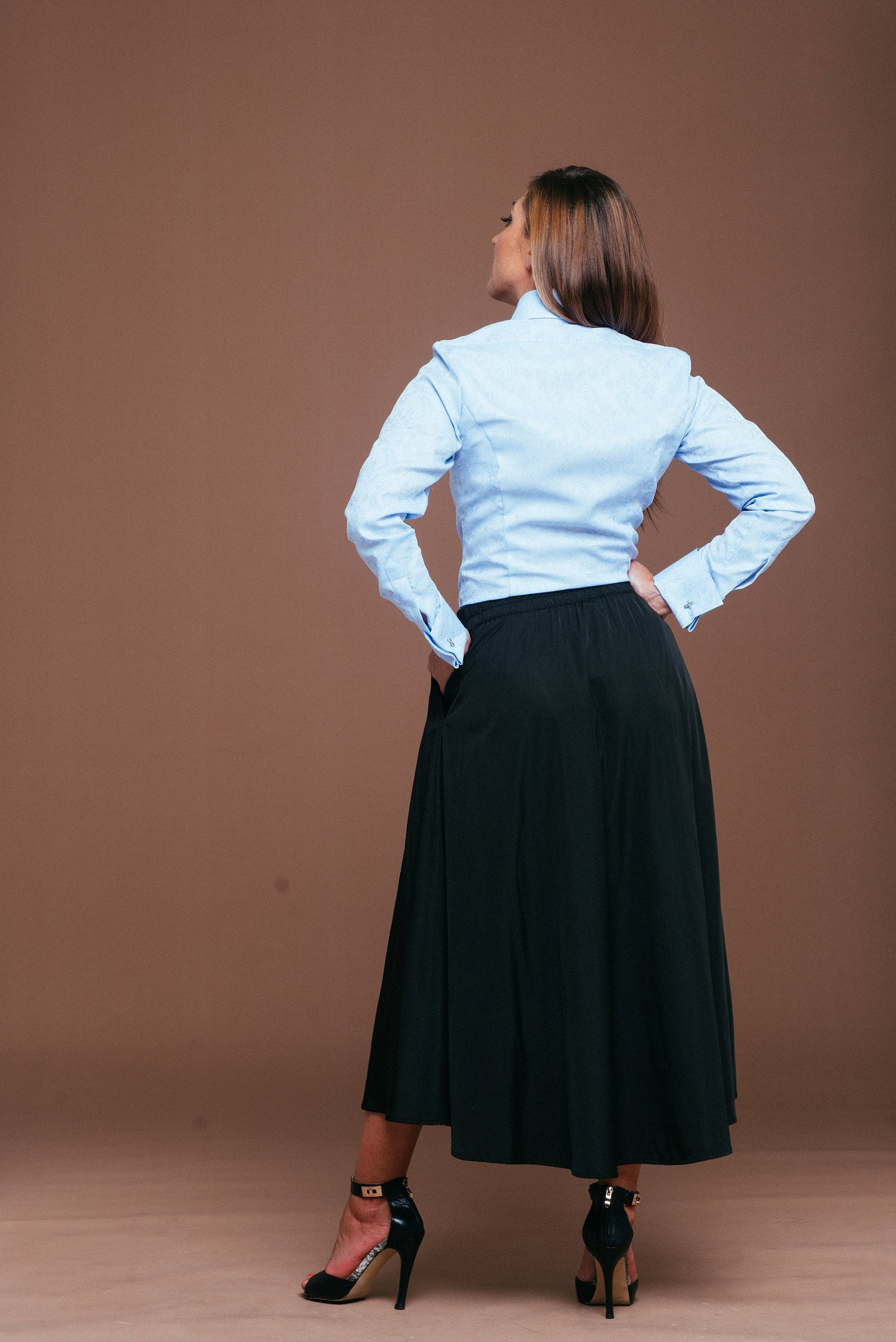 Blue Cotton Cufflink Blouse: Elegant High Collar Shirt