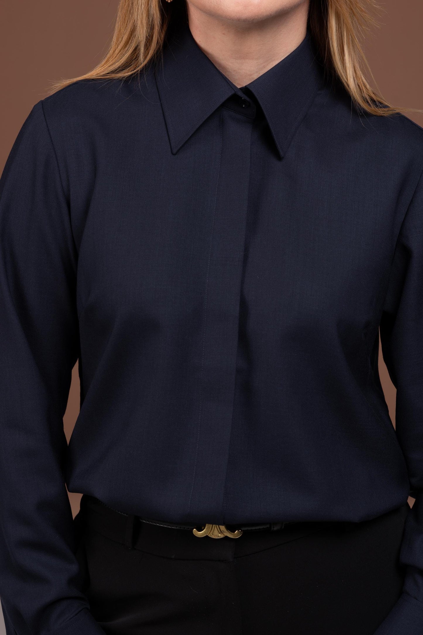 Luxury Navy Merino Wool French Cuff Shirt - Women's Business Blouse