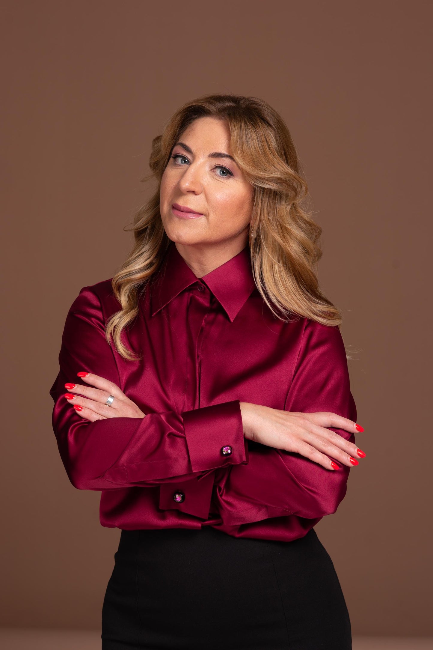 Mulberry Silk Blouse: Dark Red French Cuff Long Sleeve Shirt