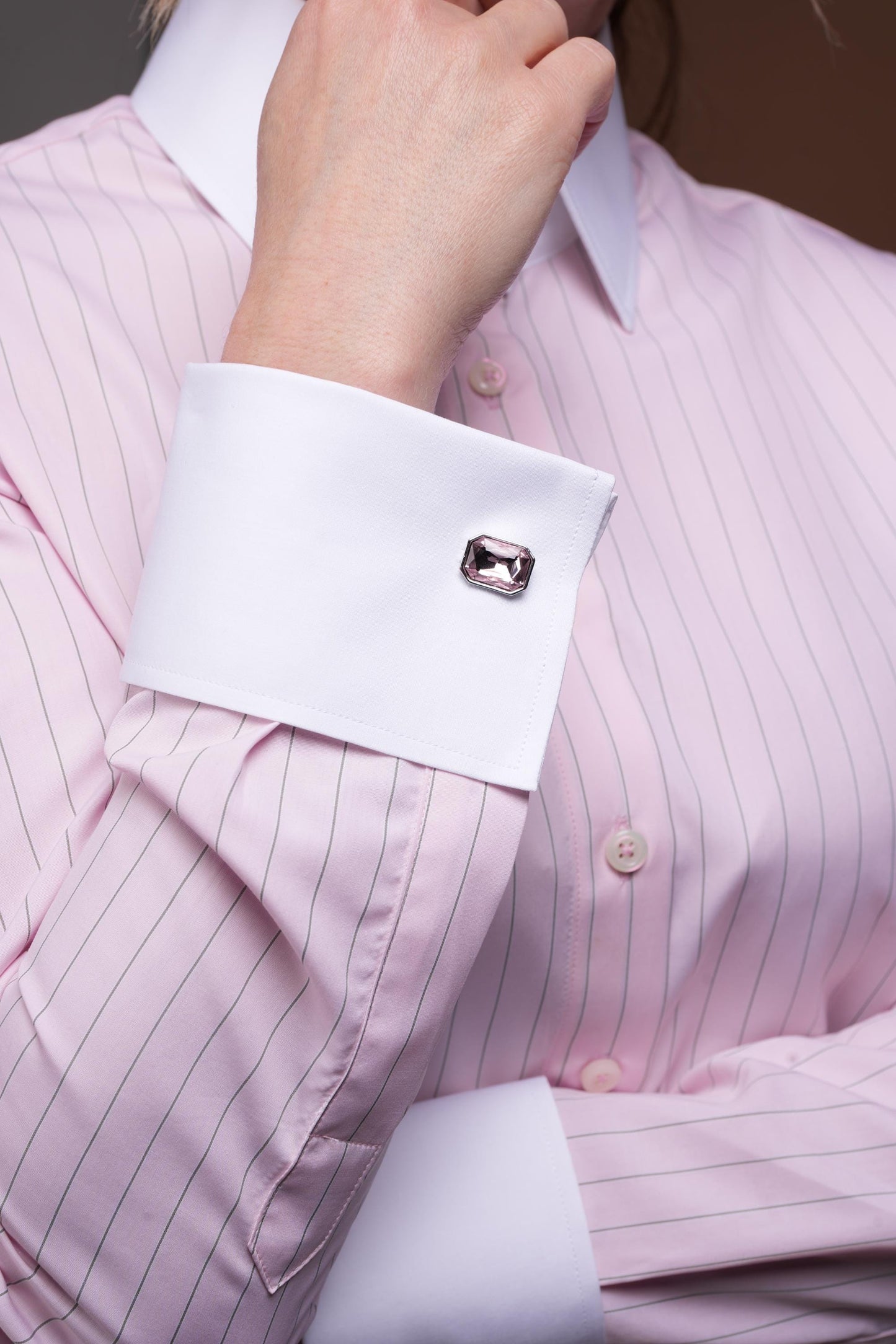 Pink Striped Blouse Shirt with White High Collar and French Cuffs for Cuff Links