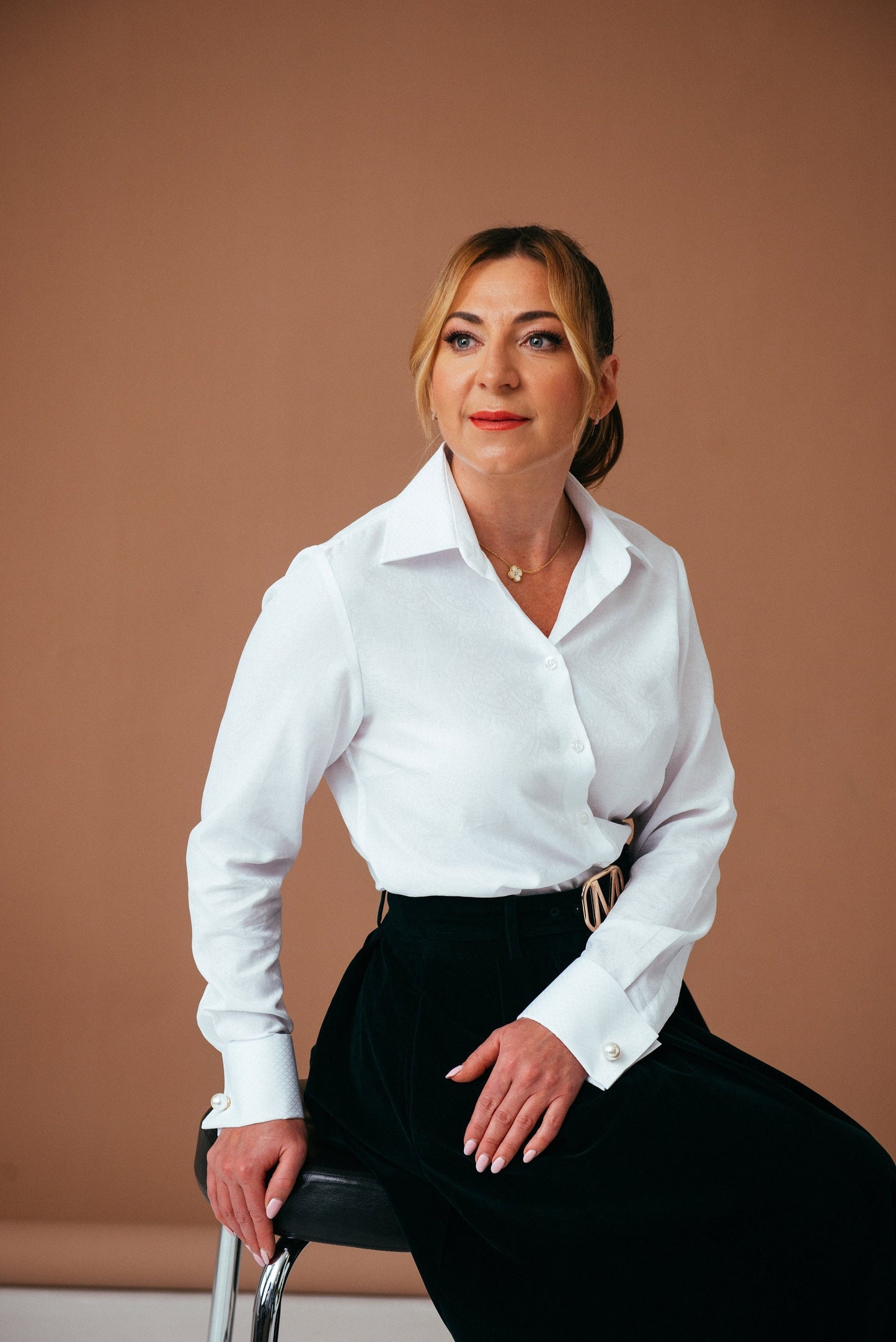 Elegant White Blouse with French Cuffs | Classic Women's Button-Down Shirt, Long Sleeve Paisley Top