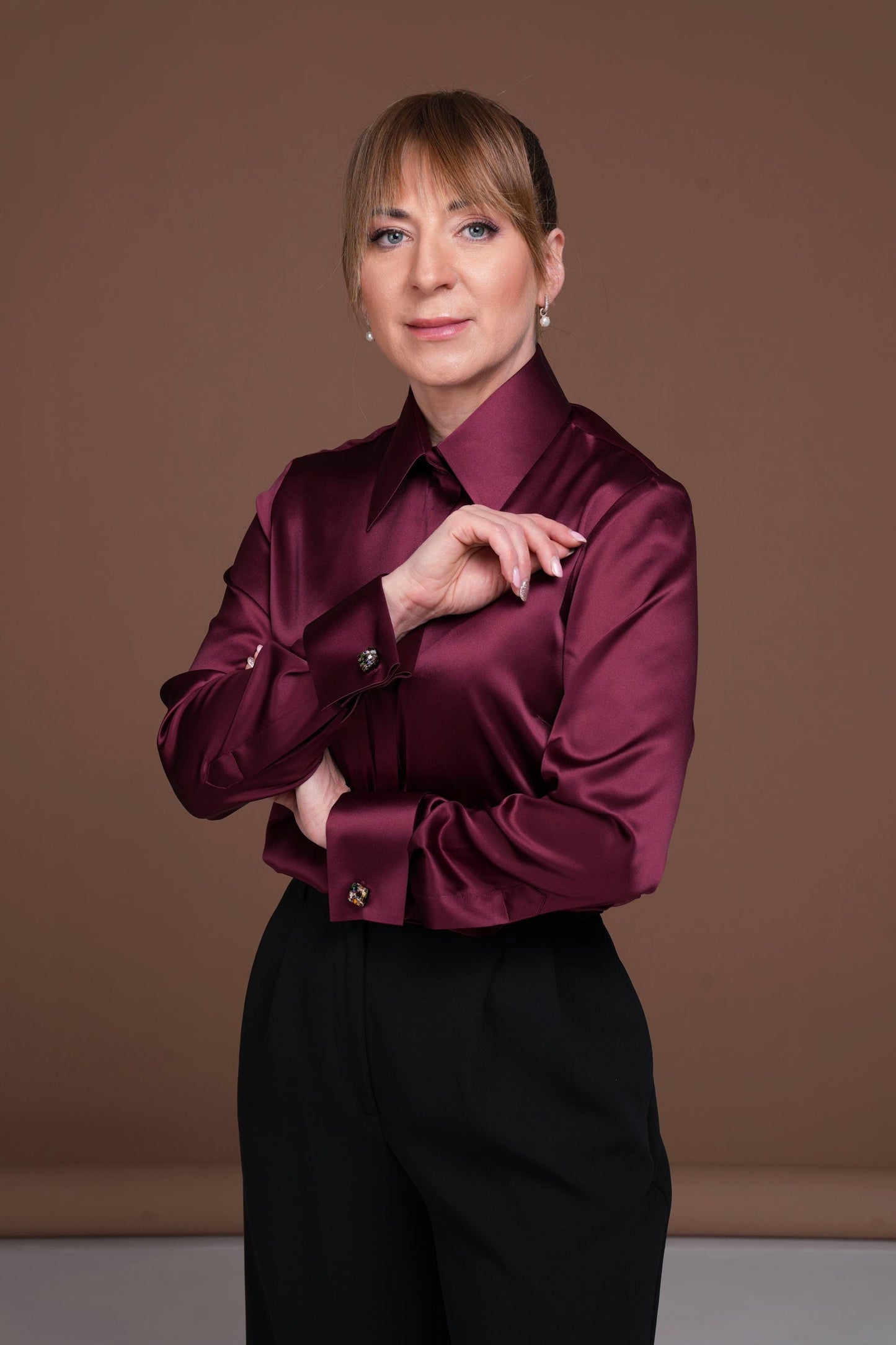 Burgundy Silk Blouse: Satin Shirt with French Cuffs