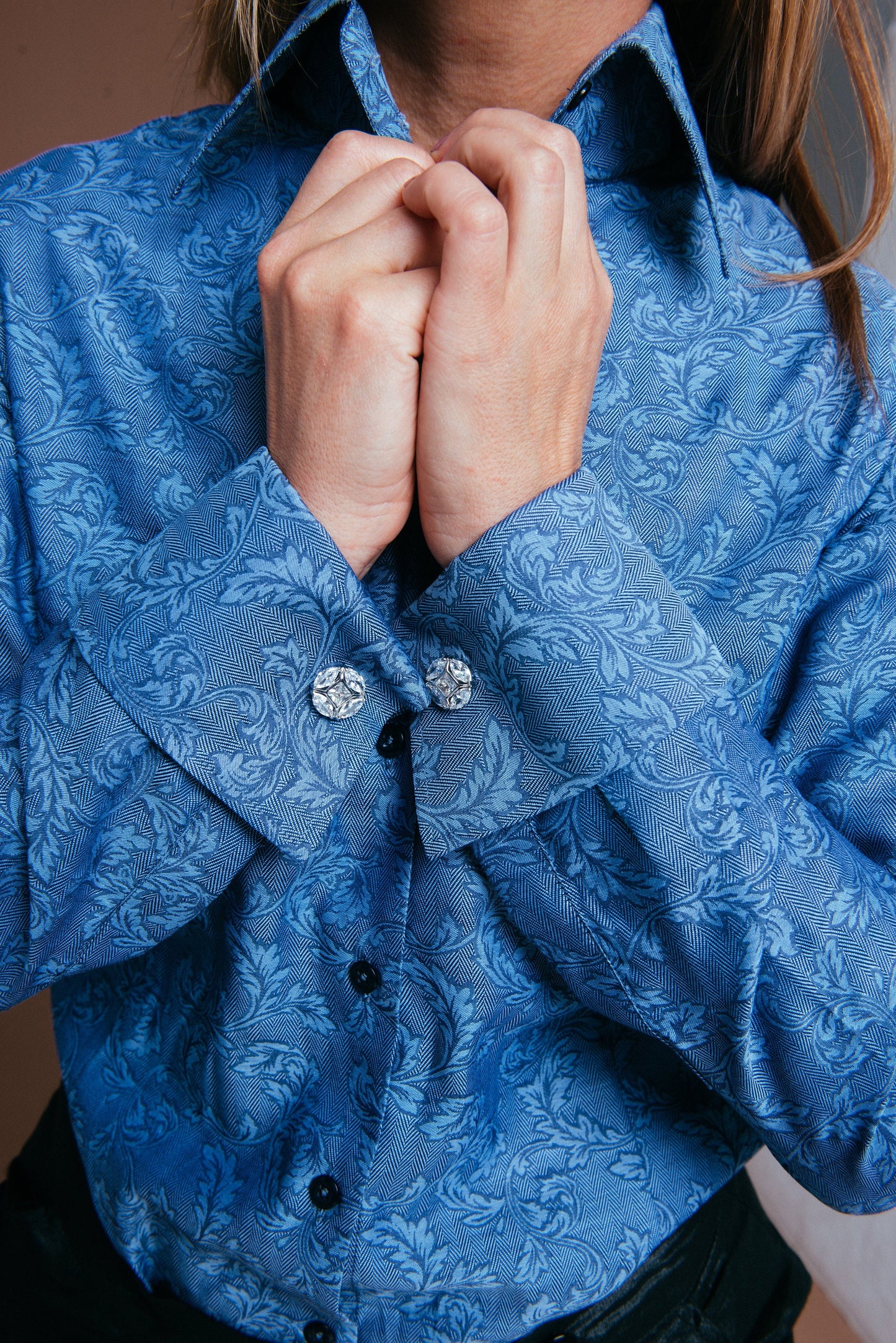 Blue Herringbone French Cuff Blouse: 100% Cotton Button-Down