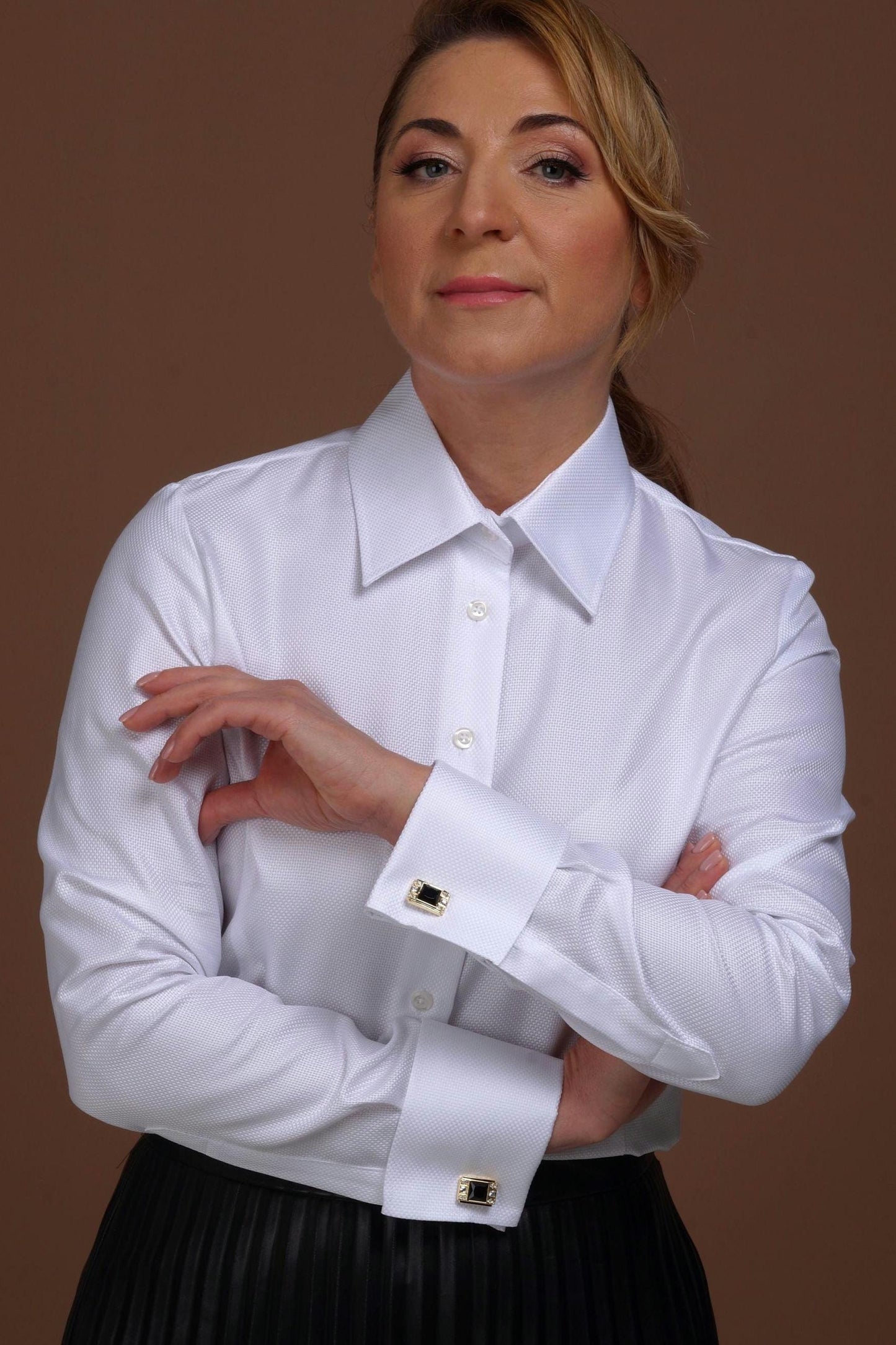Fitted White Cotton Shirt: French Cuff Blouse, Classic Collar Business Dress Shirt
