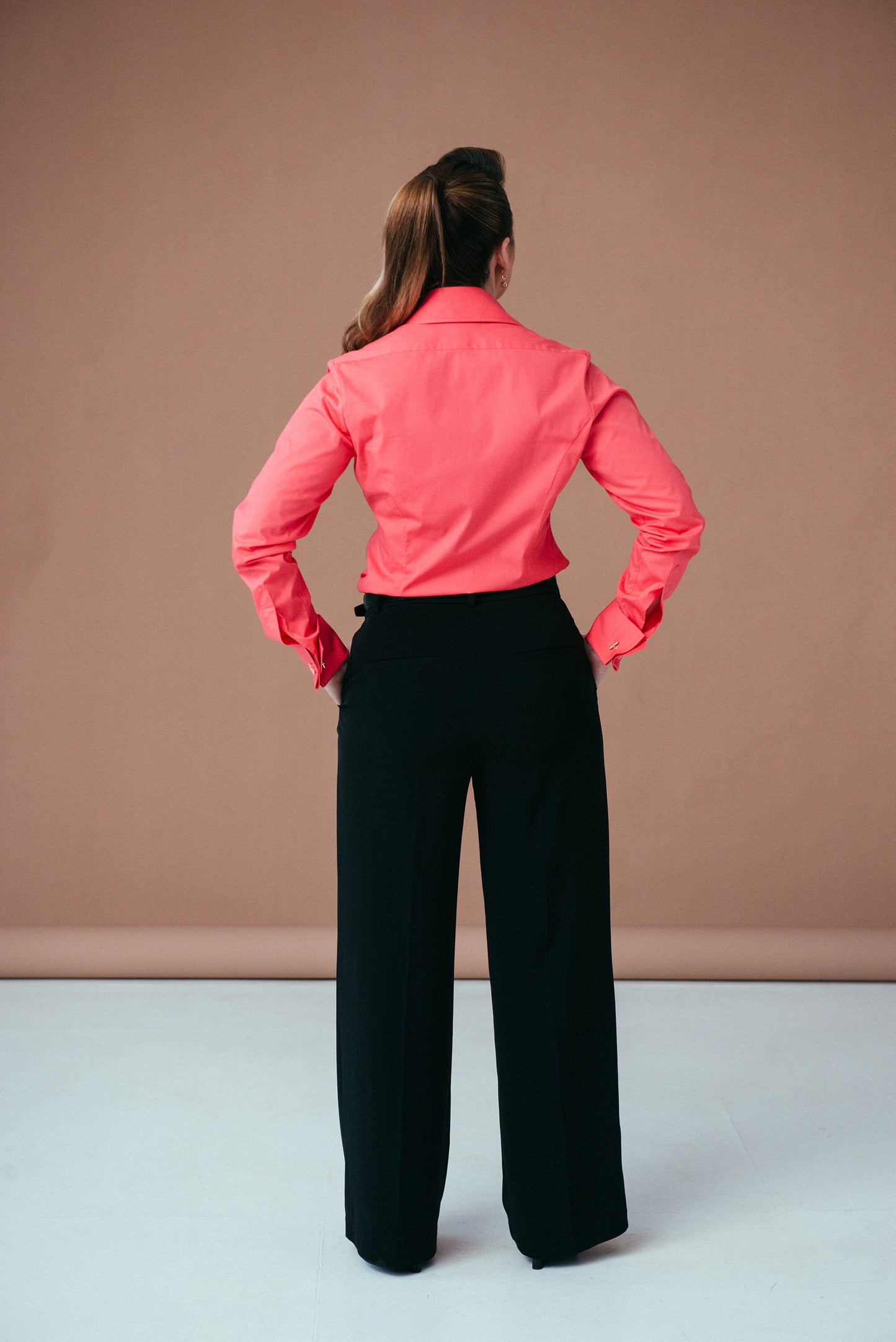 Coral Red French Cuff Blouse: Stretch Cotton High Collar Shirt for Women