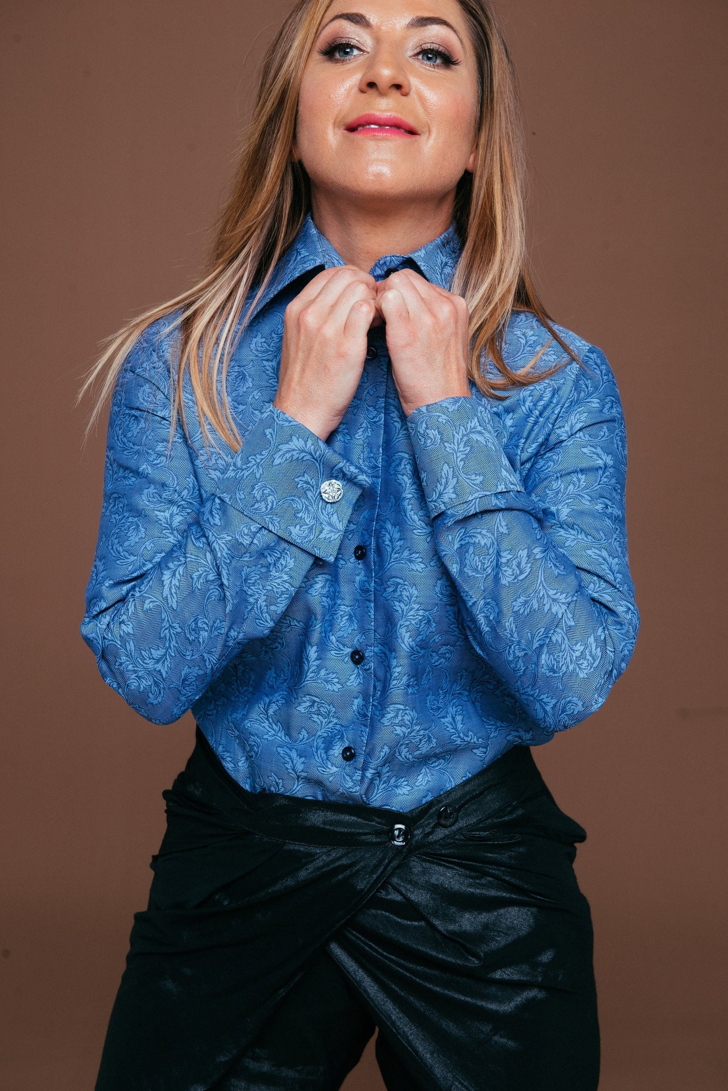 Blue Herringbone French Cuff Blouse: 100% Cotton Button-Down