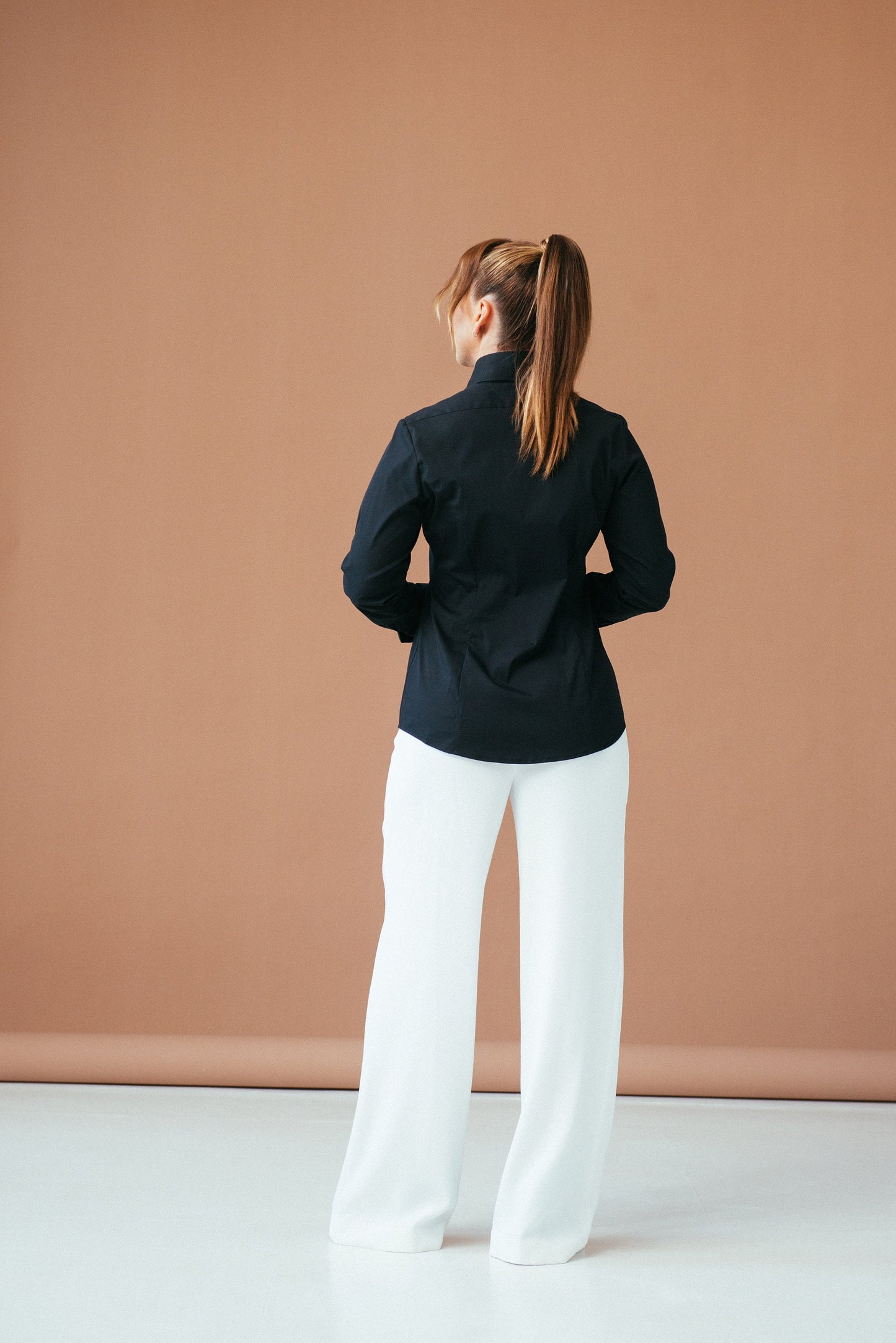 Black French Cuff Blouse: Slim Fit High Collar Cotton Shirt