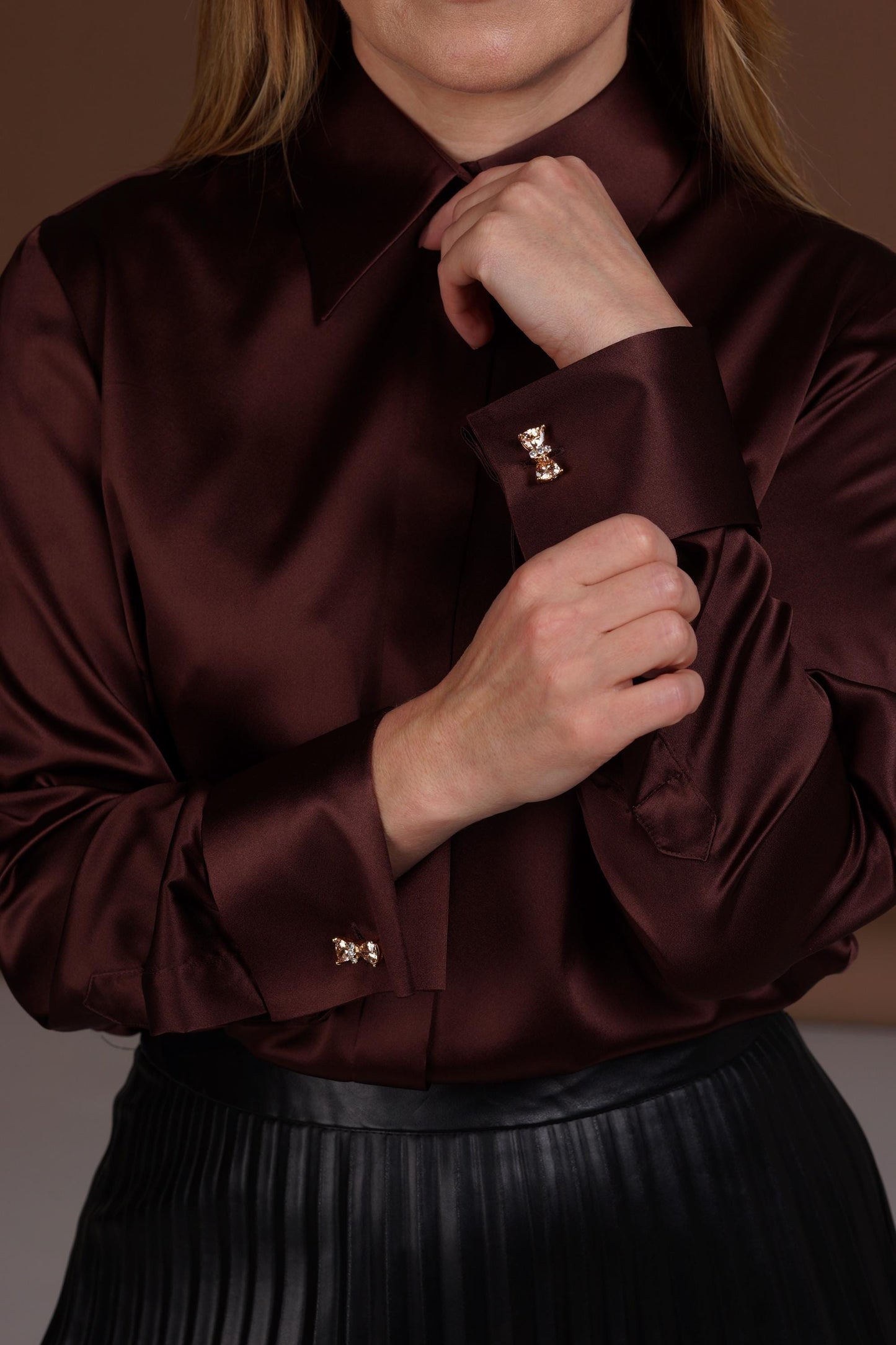 Mulberry Silk Blouse: Brown French Cuff Button-Down Shirt