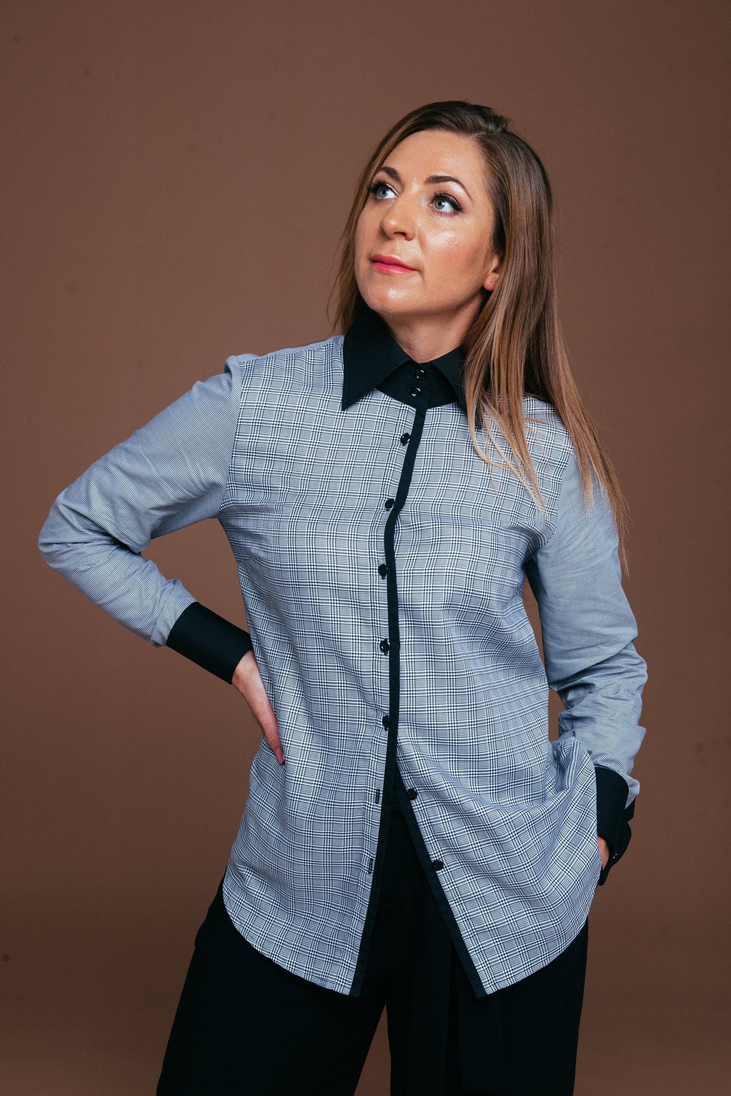 Plaid French Cuff Blouse: Luxury Easy Iron 100% Cotton