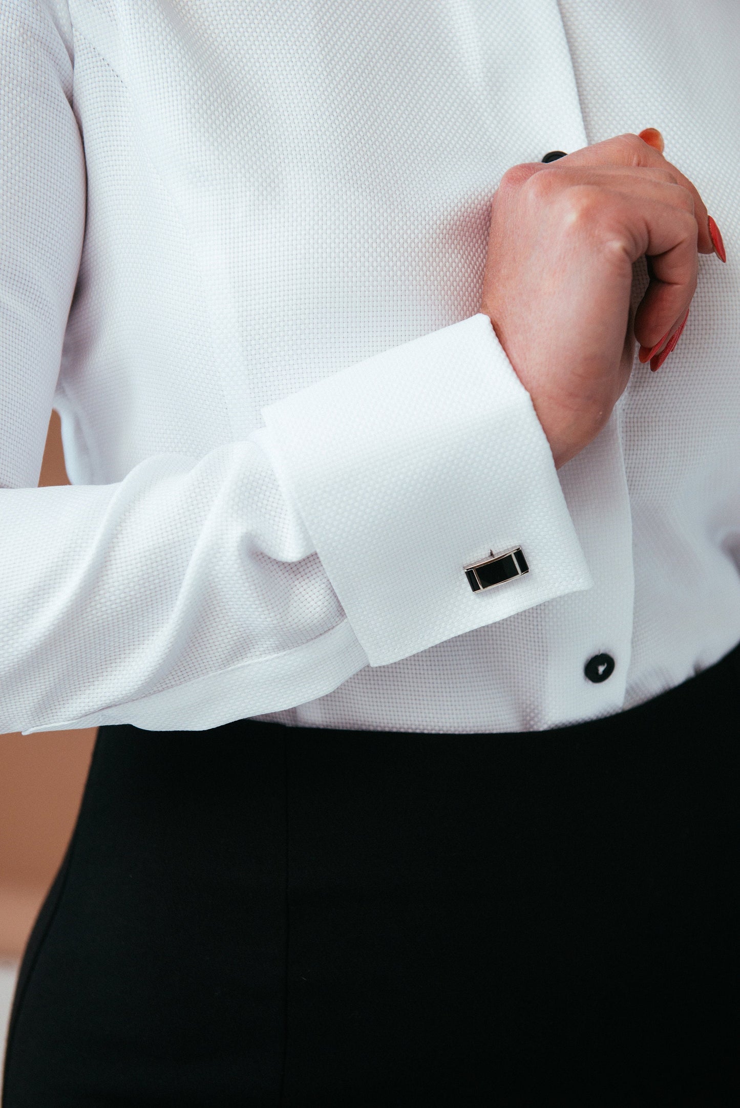 White French Cuff Blouse: Cotton Dress Shirt with Black Buttons