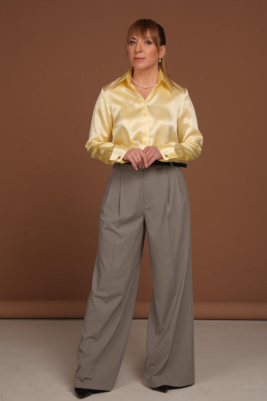 Butter Yellow Silk Blouse: Handmade Satin Shirt with French Cuffs