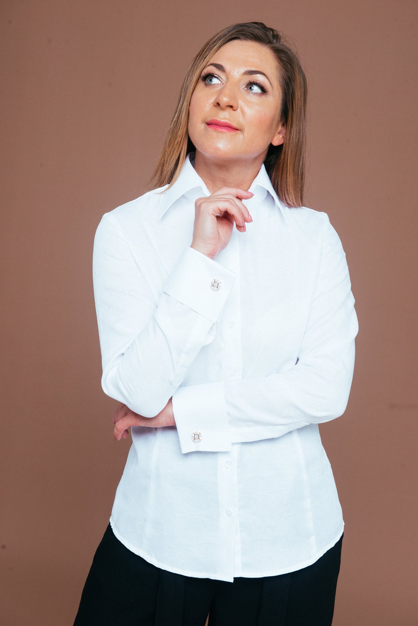 Fitted White Herringbone Blouse: French Cuff Cotton Shirt