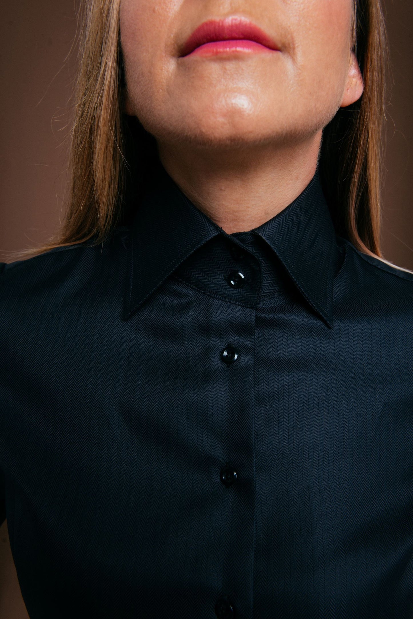 Black Herringbone French Cuff Blouse: 100% Cotton Slim Fit