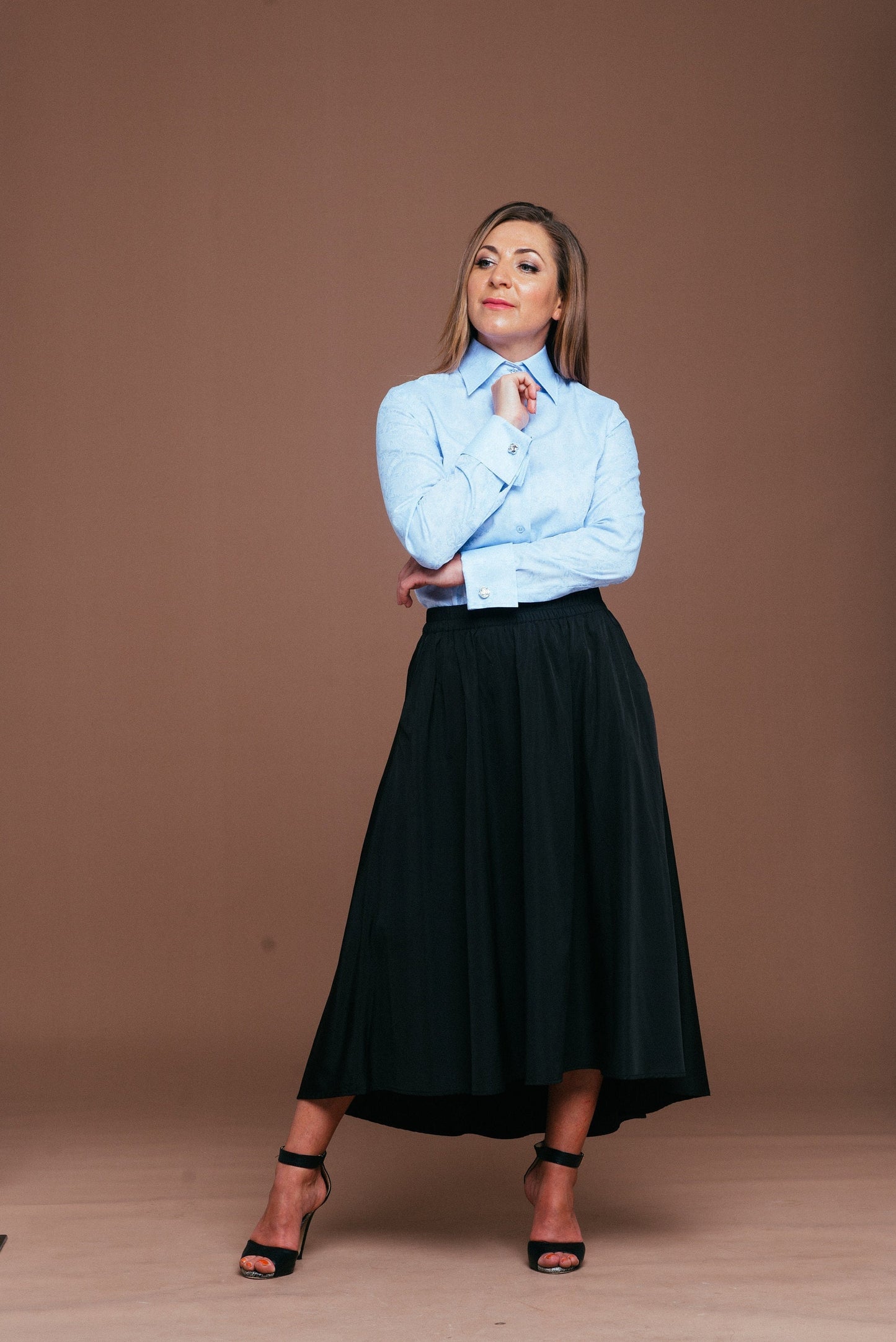 Blue Cotton Cufflink Blouse: Elegant High Collar Shirt