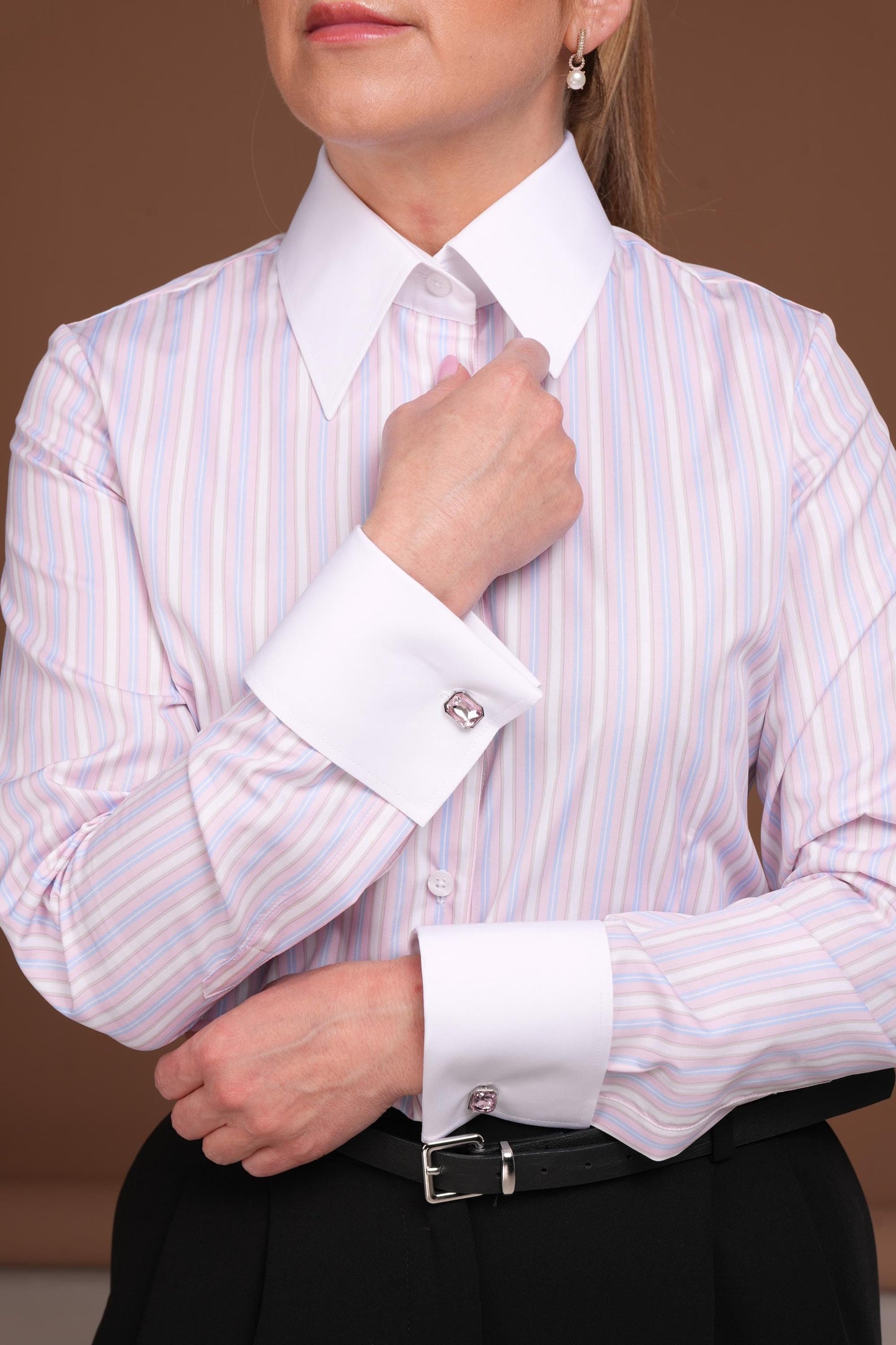 Handmade Fitted Cotton French Cuff Shirt: Pink & Blue Stripe