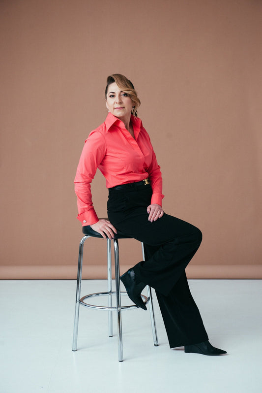 Coral Red French Cuff Blouse: Stretch Cotton High Collar Shirt for Women