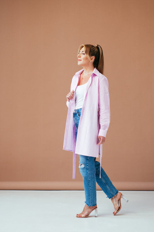 Elegant Linen Tunic Top: Pink Cotton-Linen Blend Shirt