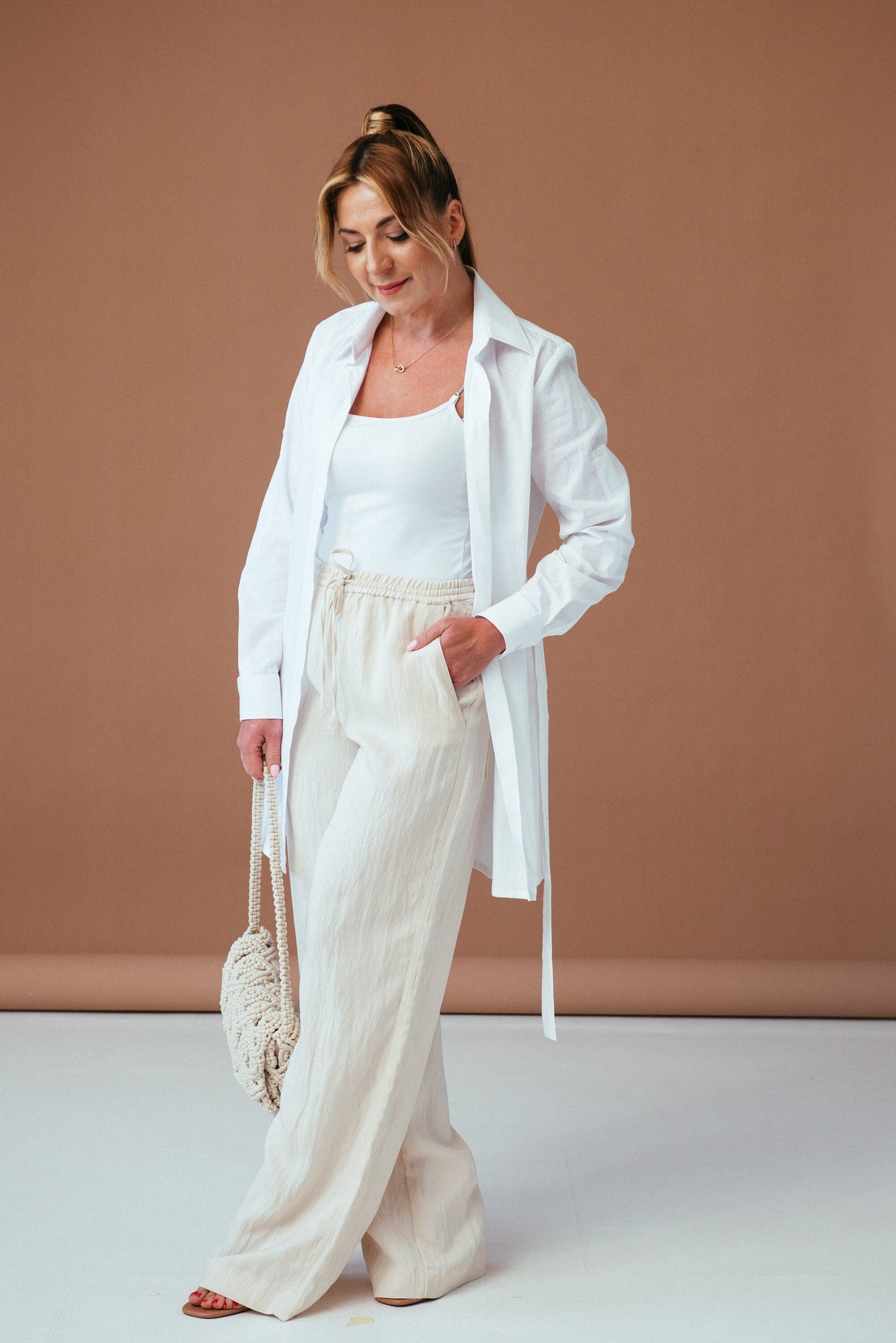 White Linen Tunic Top: Belted Button-Down Shirt