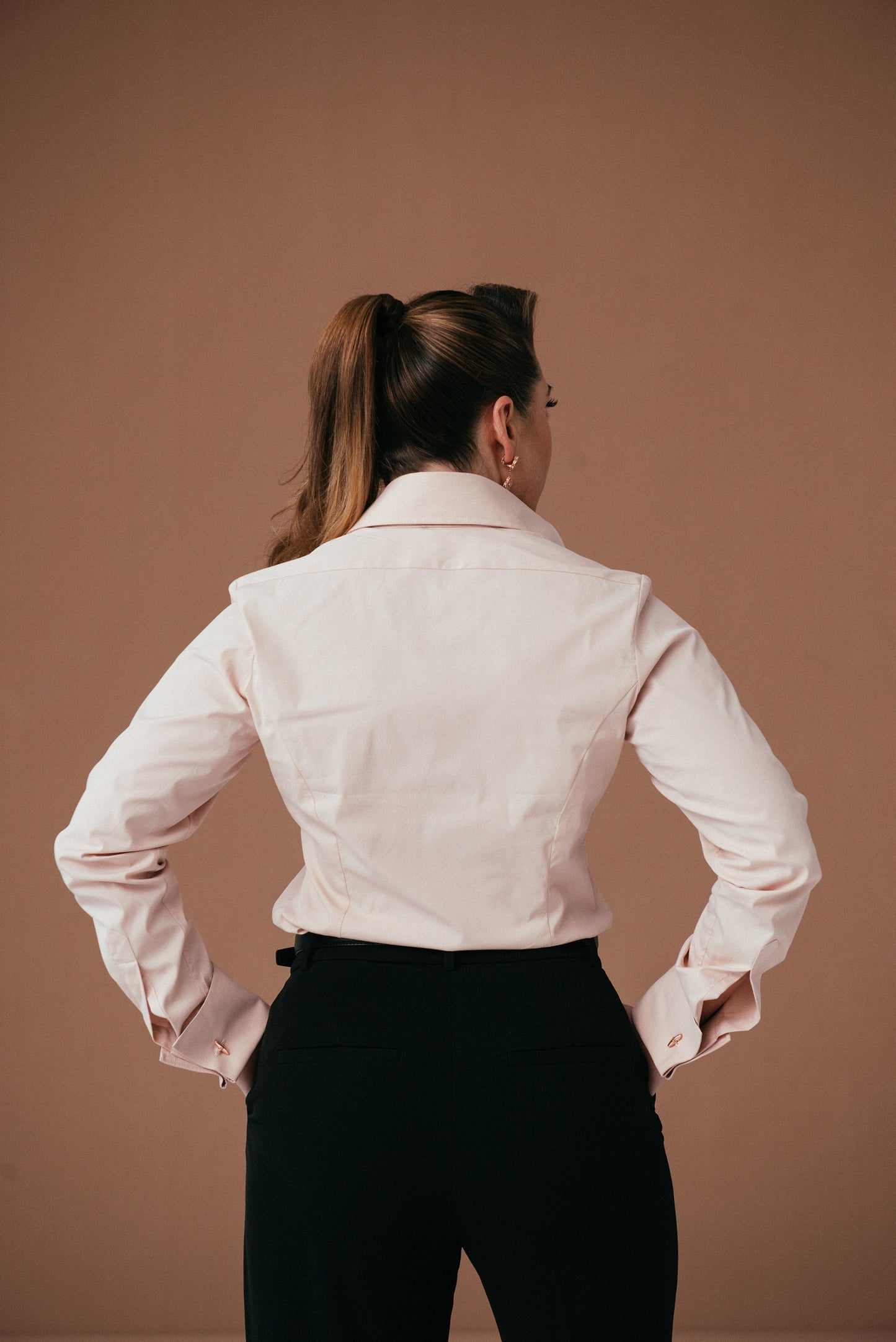 Pastel Pink Cotton French Cuff Blouse: Fitted High Collar Shirt