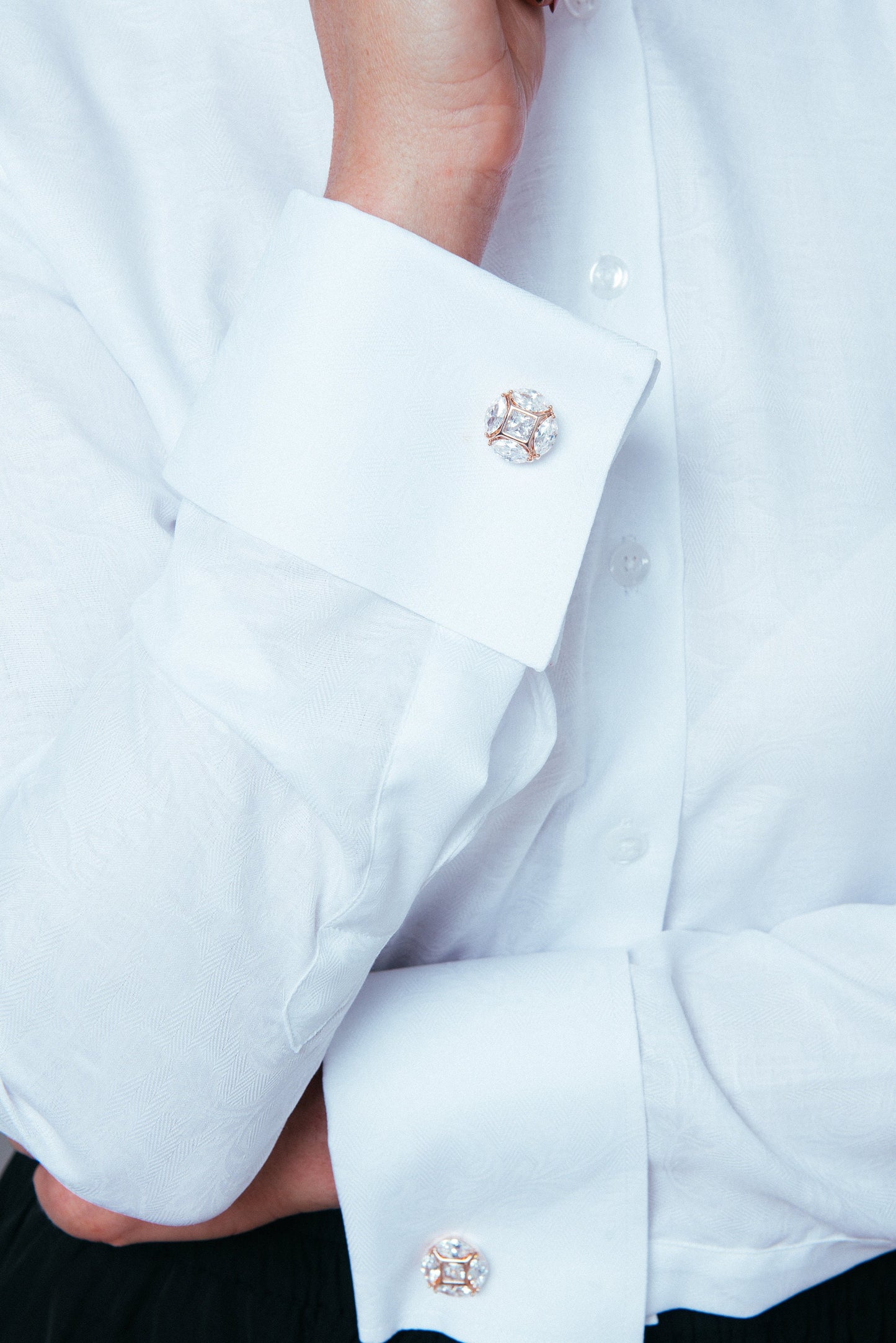 Fitted White Herringbone Blouse: French Cuff Cotton Shirt
