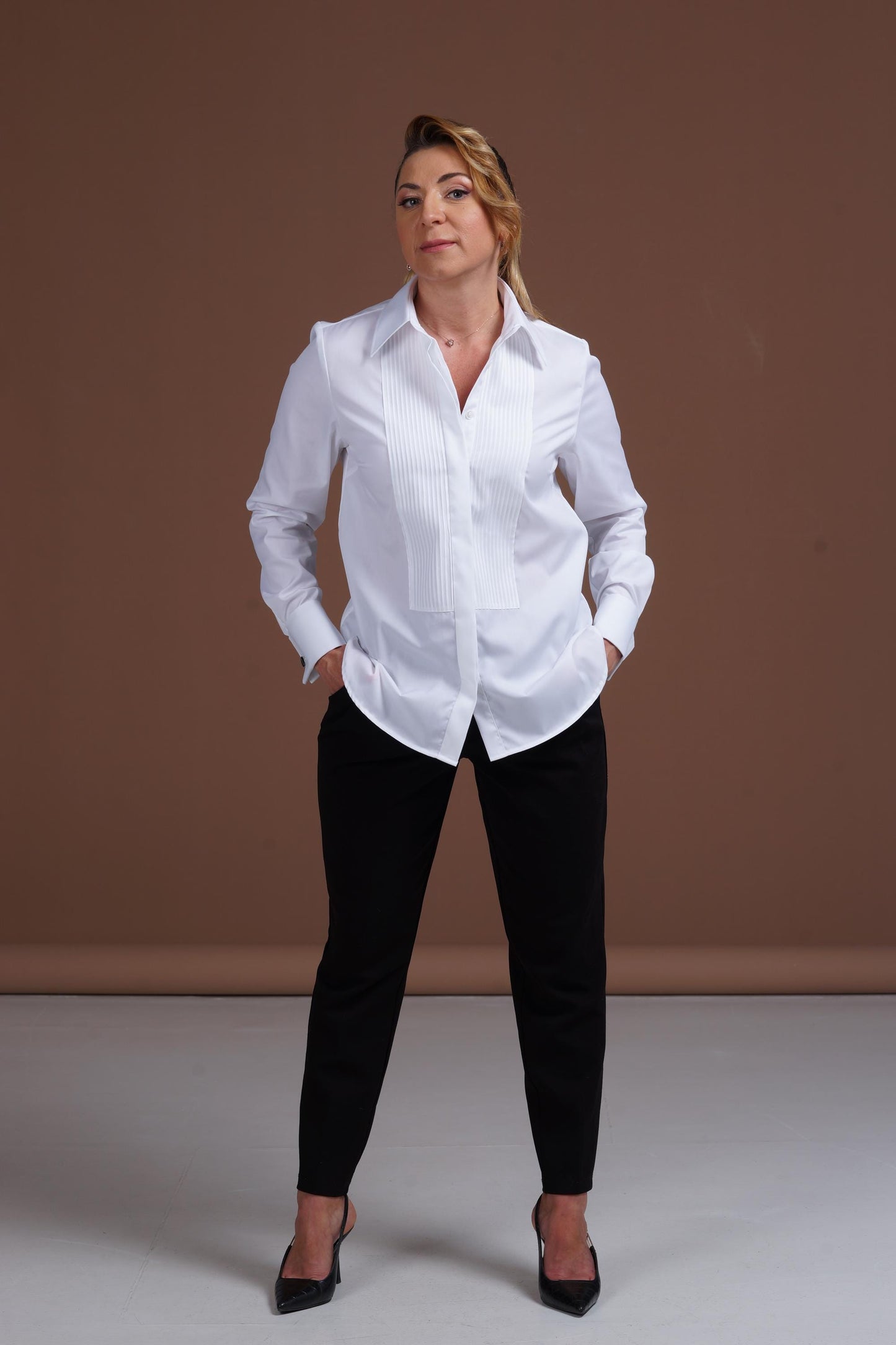 White Tuxedo Shirt: Pleated Front, French Cuffs - Cotton Wedding Blouse