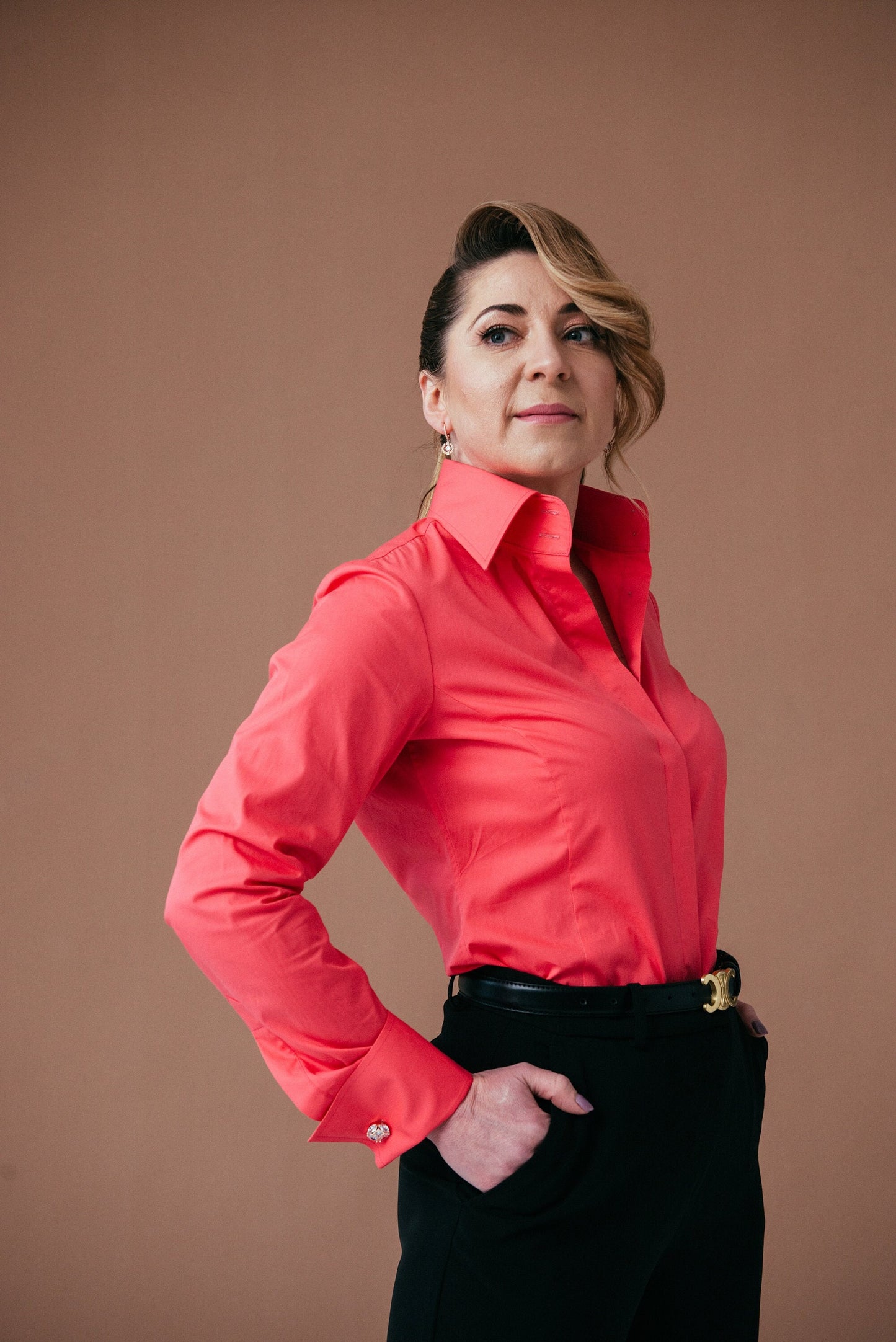 Coral Red French Cuff Blouse: Stretch Cotton High Collar Shirt for Women