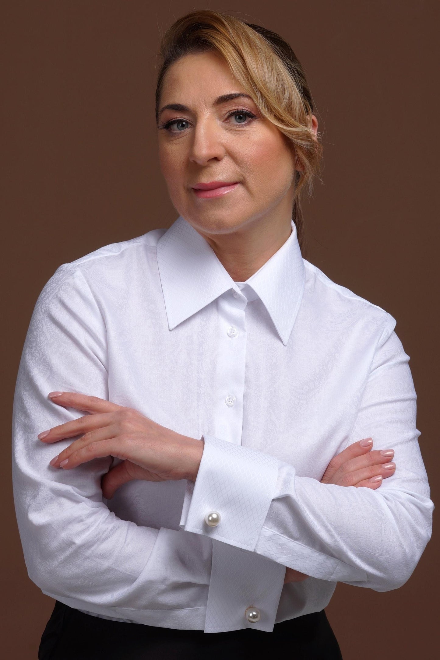 Elegant White Cotton Blouse: French Cuff Paisley Shirt