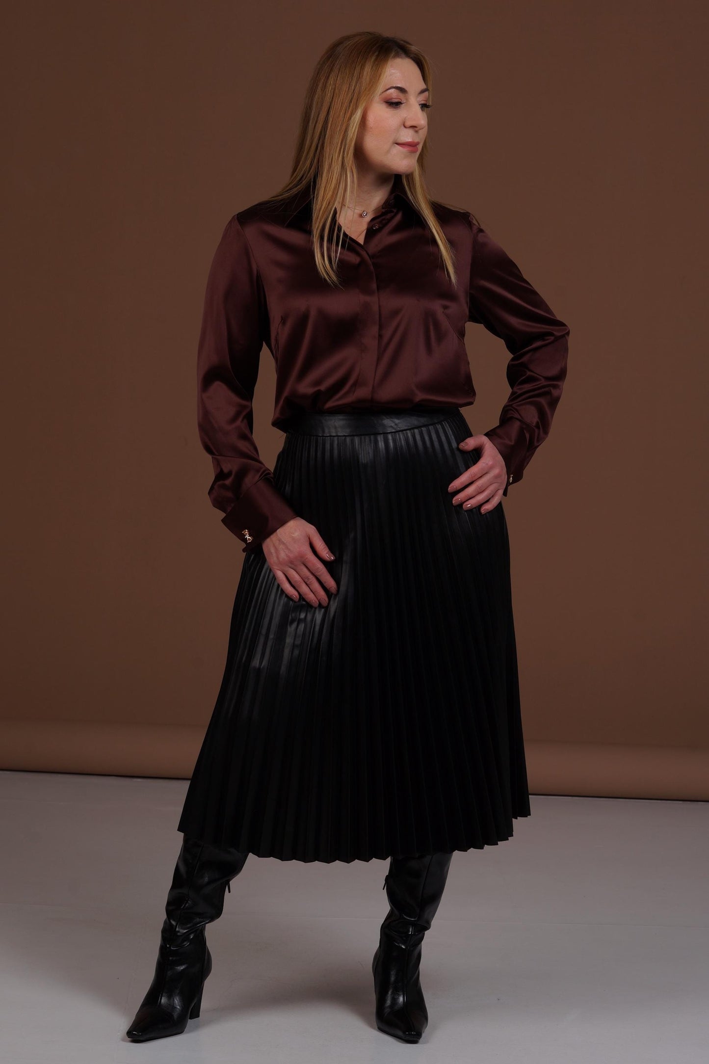 Mulberry Silk Blouse: Brown French Cuff Button-Down Shirt