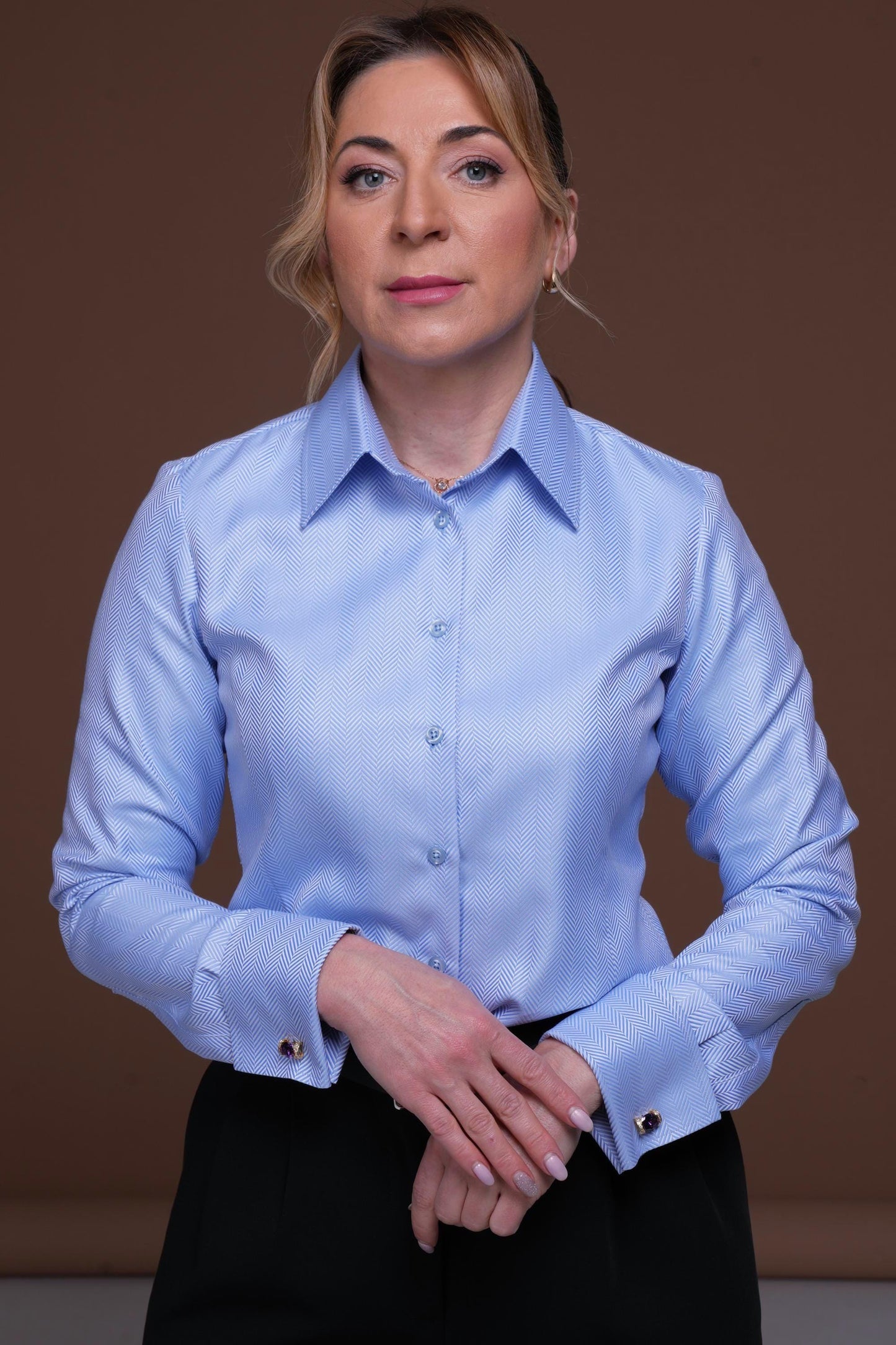 Blue French Cuff Blouse: Elegant 100% Cotton Easy Care Shirt