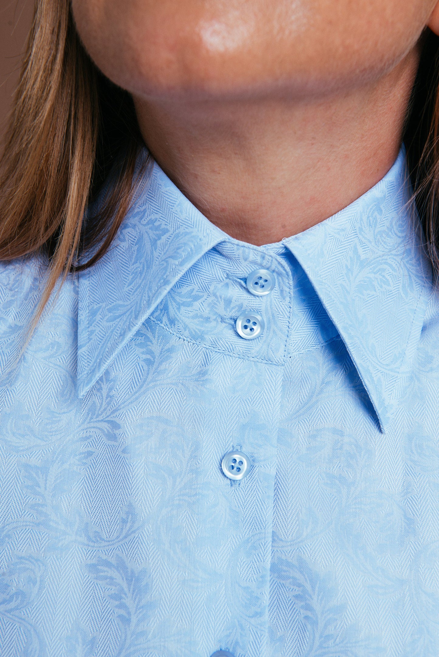 Blue Cotton Cufflink Blouse: Elegant High Collar Shirt