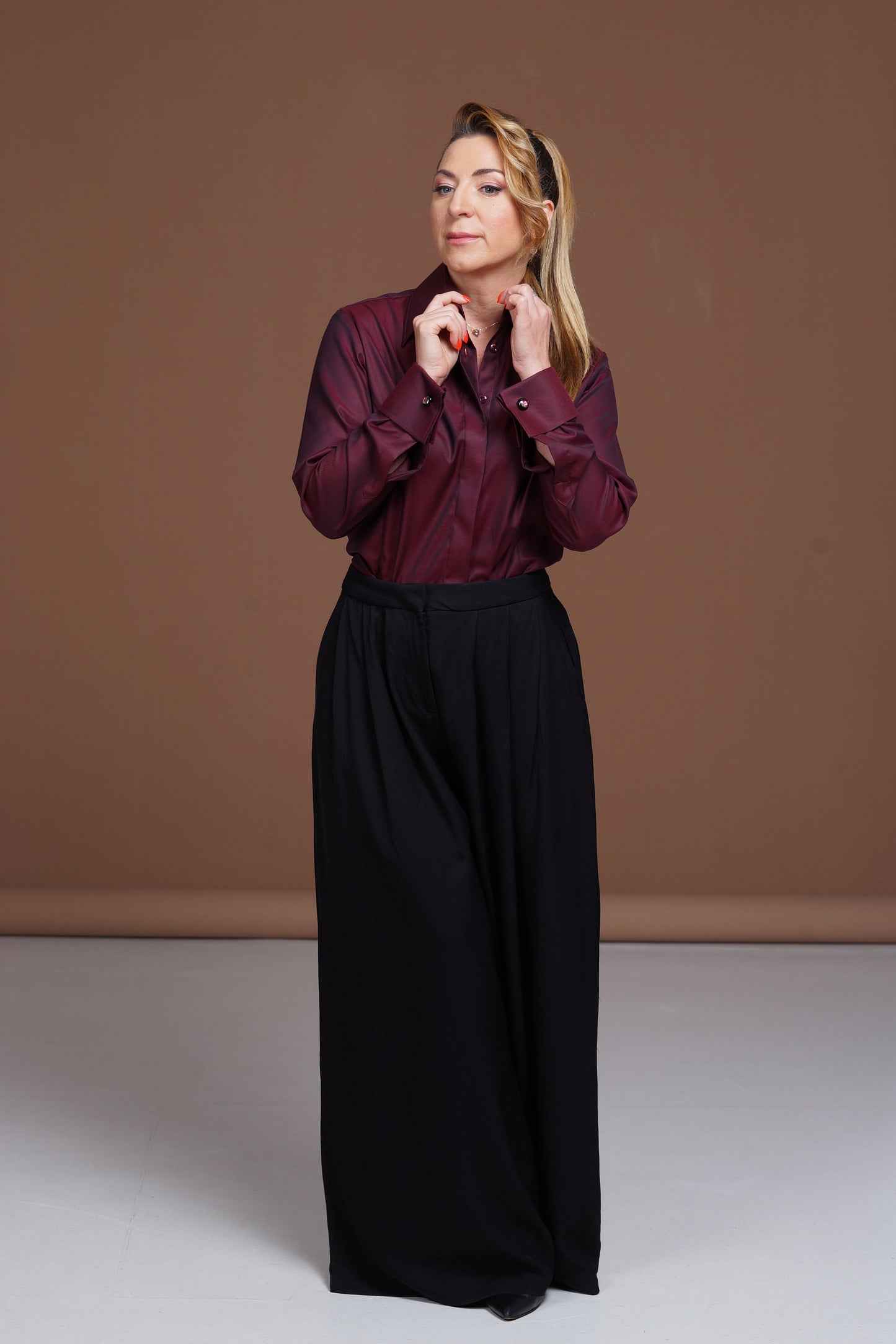 Burgundy French Cuff Blouse: Non-Iron Cotton, High Collar