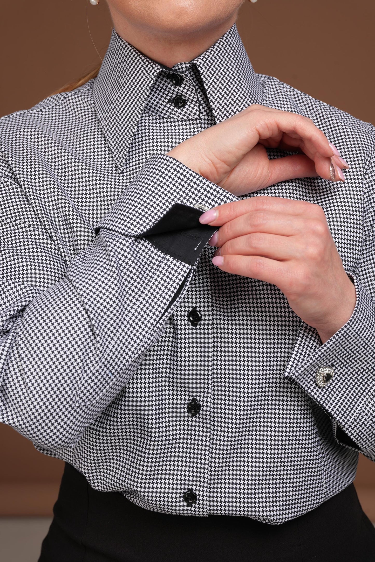 Houndstooth French Cuff Blouse: Fitted Black & White Cotton Shirt