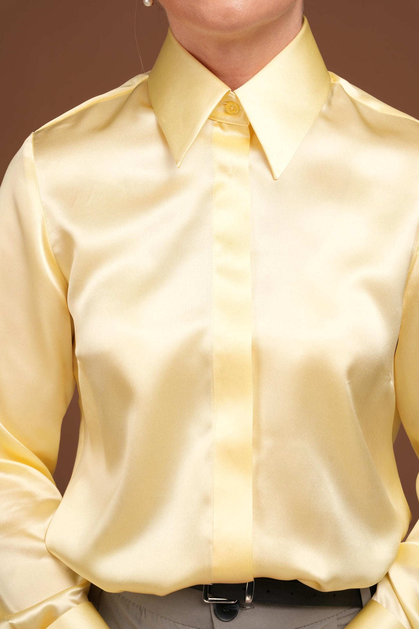 Butter Yellow Silk Blouse: Handmade Satin Shirt with French Cuffs