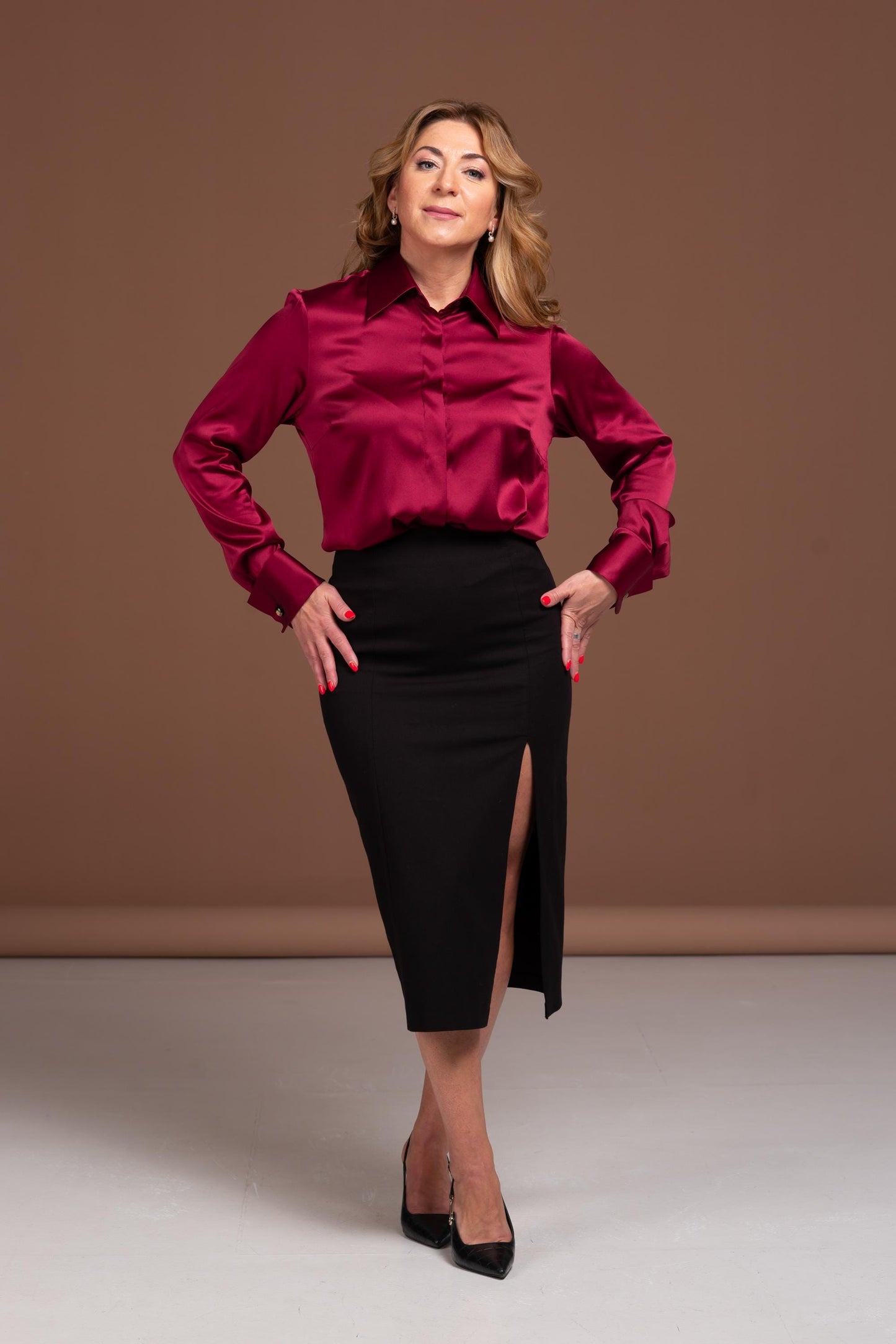 Mulberry Silk Blouse: Dark Red French Cuff Long Sleeve Shirt