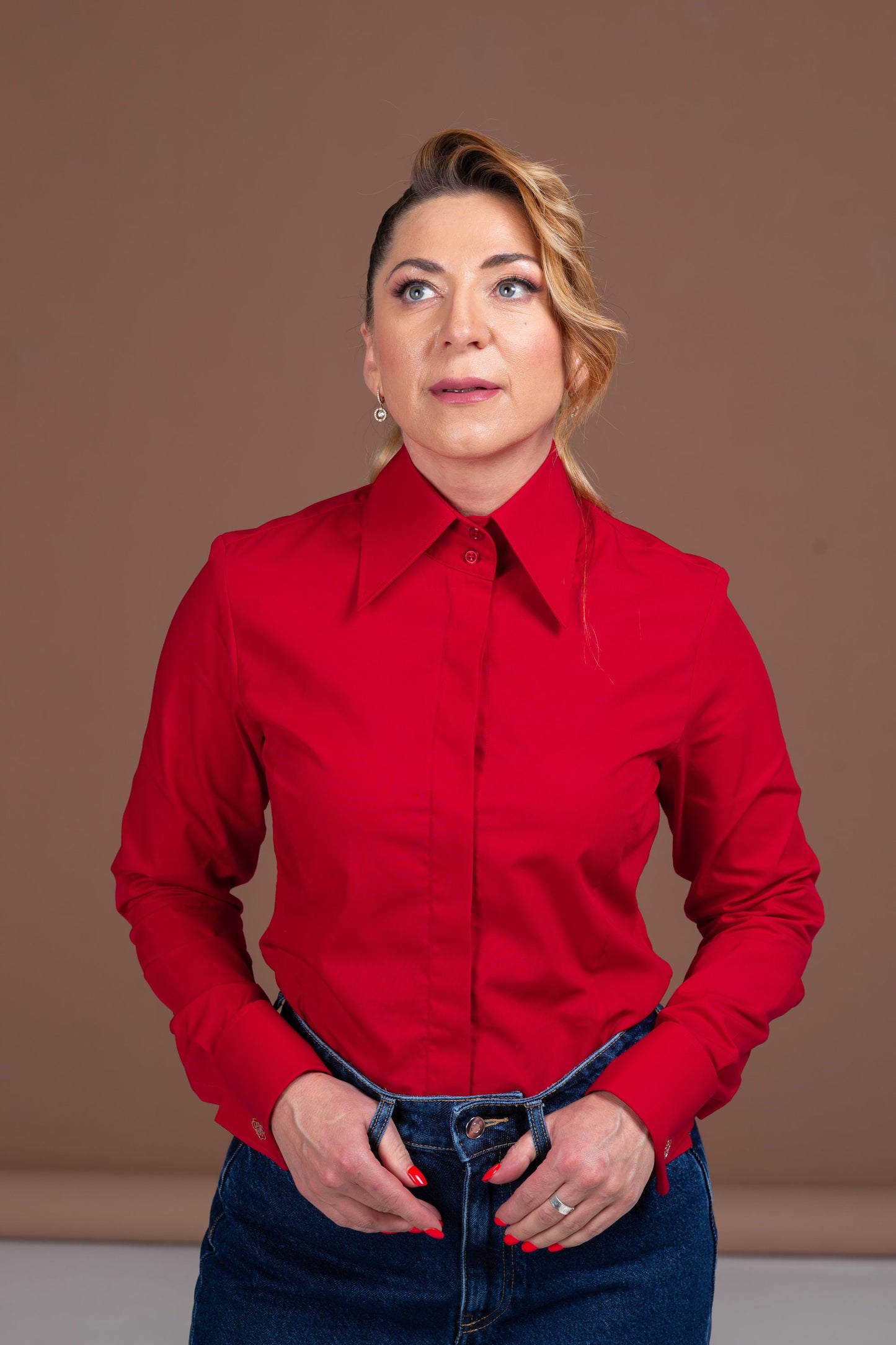 Red Cotton French Cuff Blouse: High Collar Button-Down Shirt