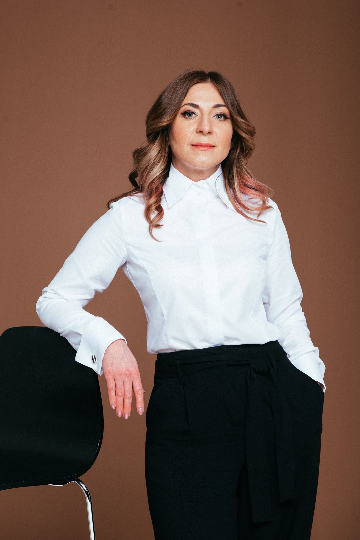 White Oxford French Cuff Blouse: Fitted No Iron High Collar Shirt