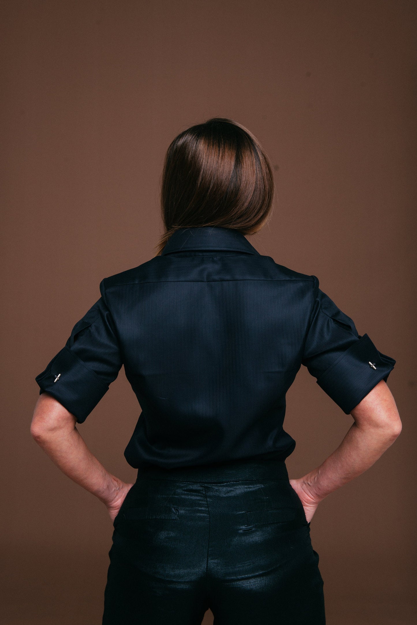 Black Herringbone French Cuff Blouse: 100% Cotton Slim Fit