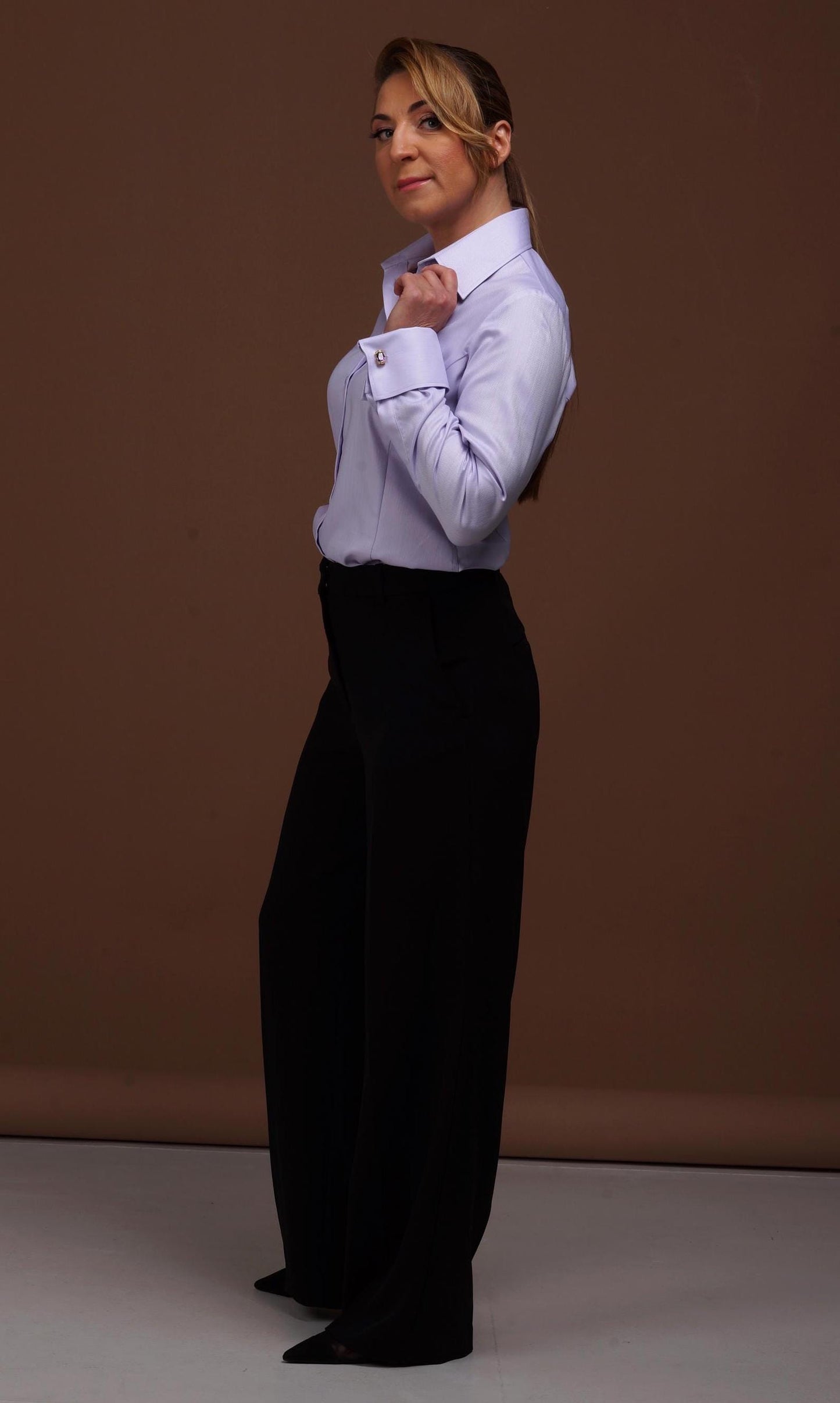 Purple Herringbone Shirt: 100% Cotton French Cuff Blouse
