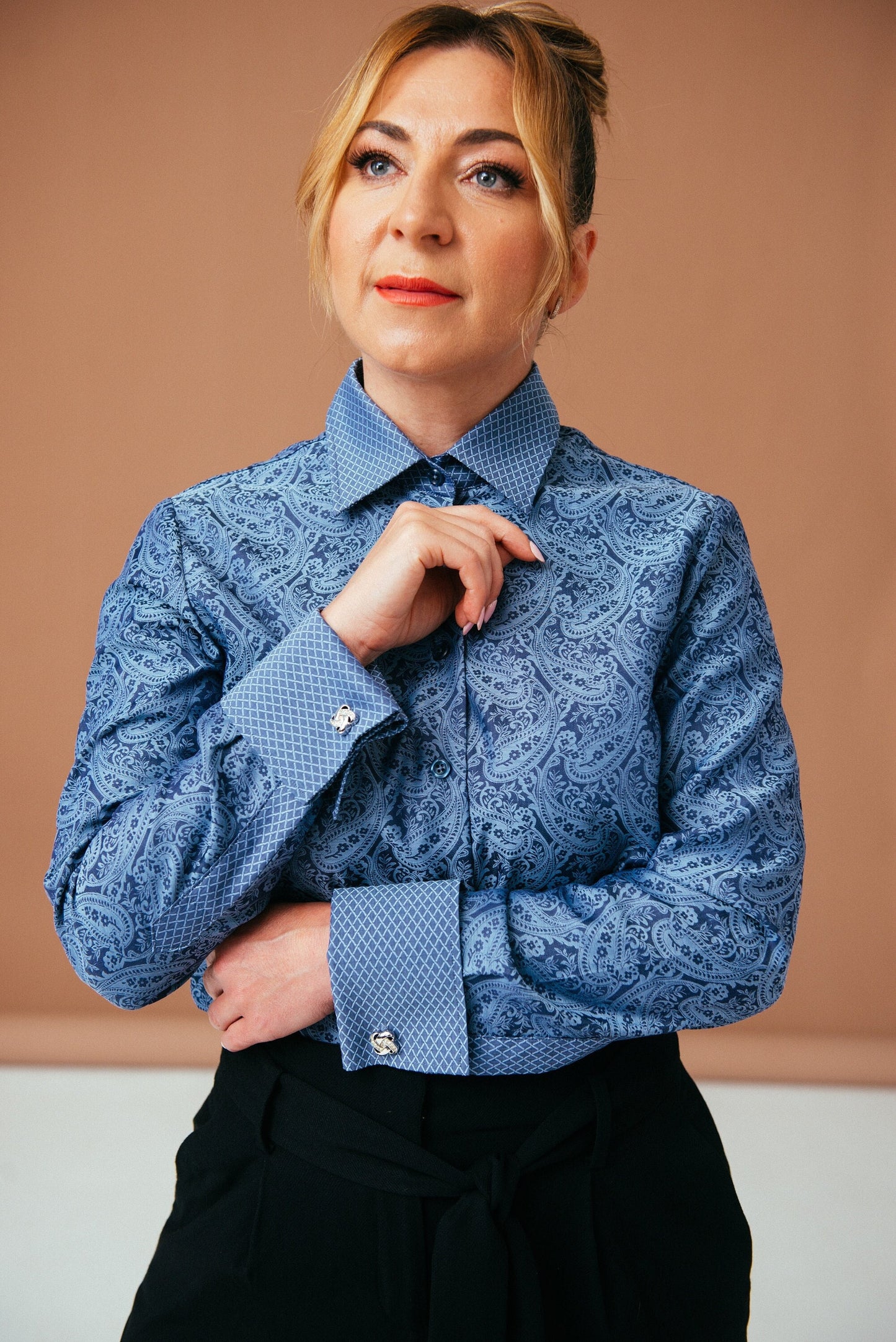 Blue Paisley Cotton French Cuff Shirt - Elegant Women's Blouse