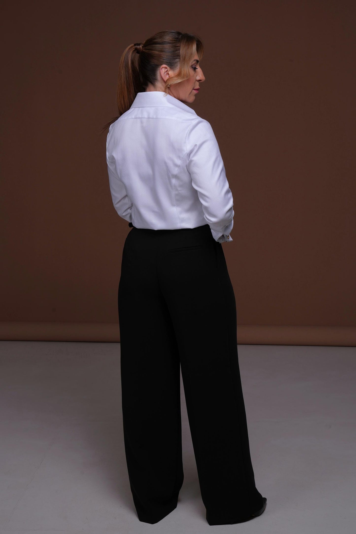 White Herringbone French Cuff Blouse Button Up: 100% Cotton Women's Dress Shirt